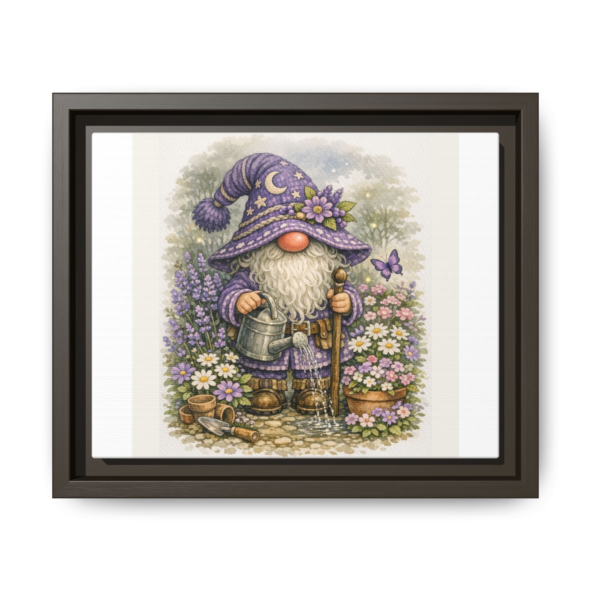 Gnome Garden Framed Canvas Art — High Hat Whimsical Purple Gardener Print