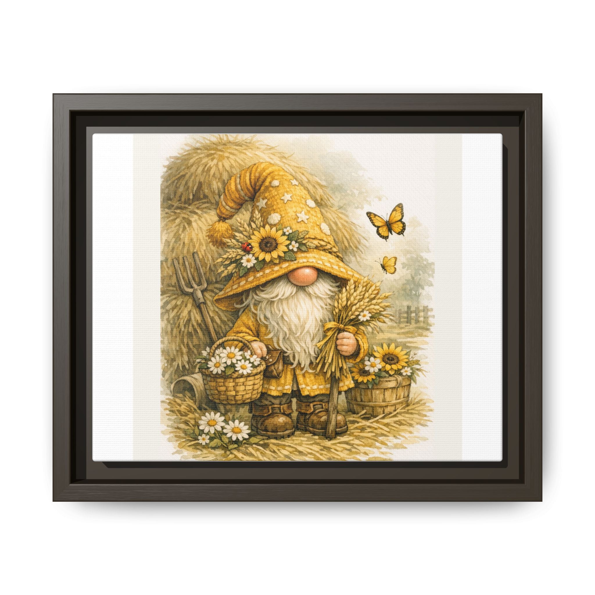 High Hat Sunflower Gnome Framed Canvas Print — Rustic Autumn Wall Art