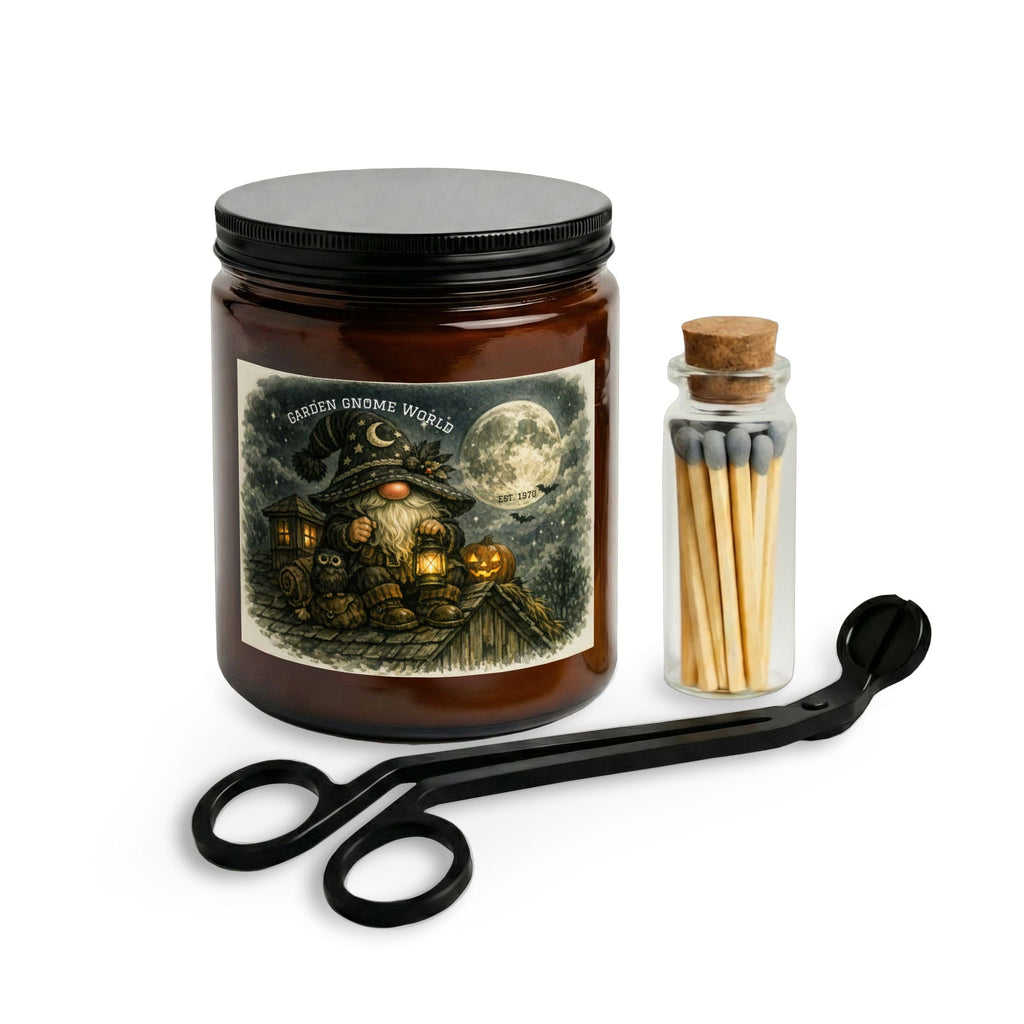 Garden Gnome Candle Set with Matches & Wick Trimmer — Halloween Moonlight Scented Jar