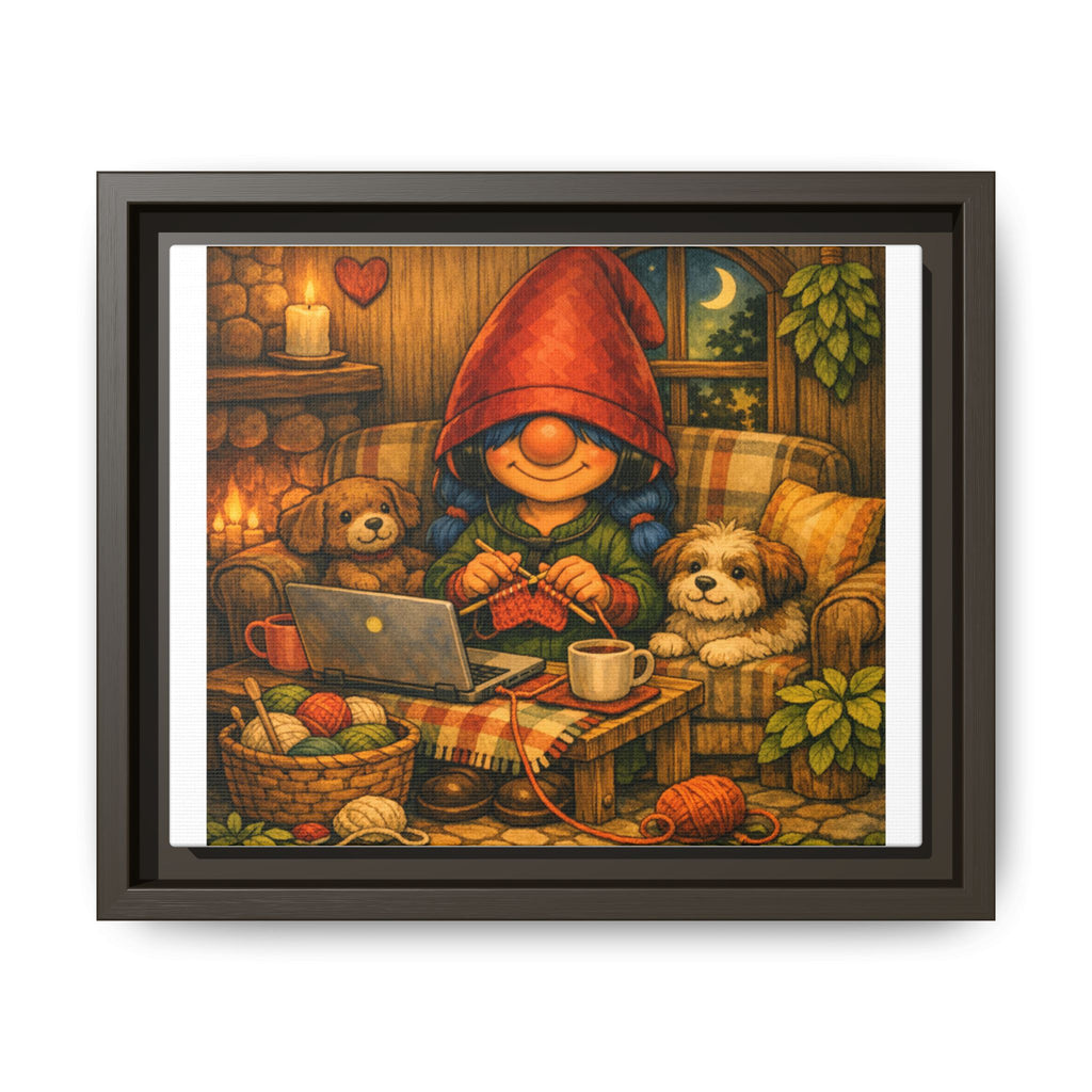 Cozy Girl with Blue Hair Gnome Knitting Night Matte Canvas Print (Framed)