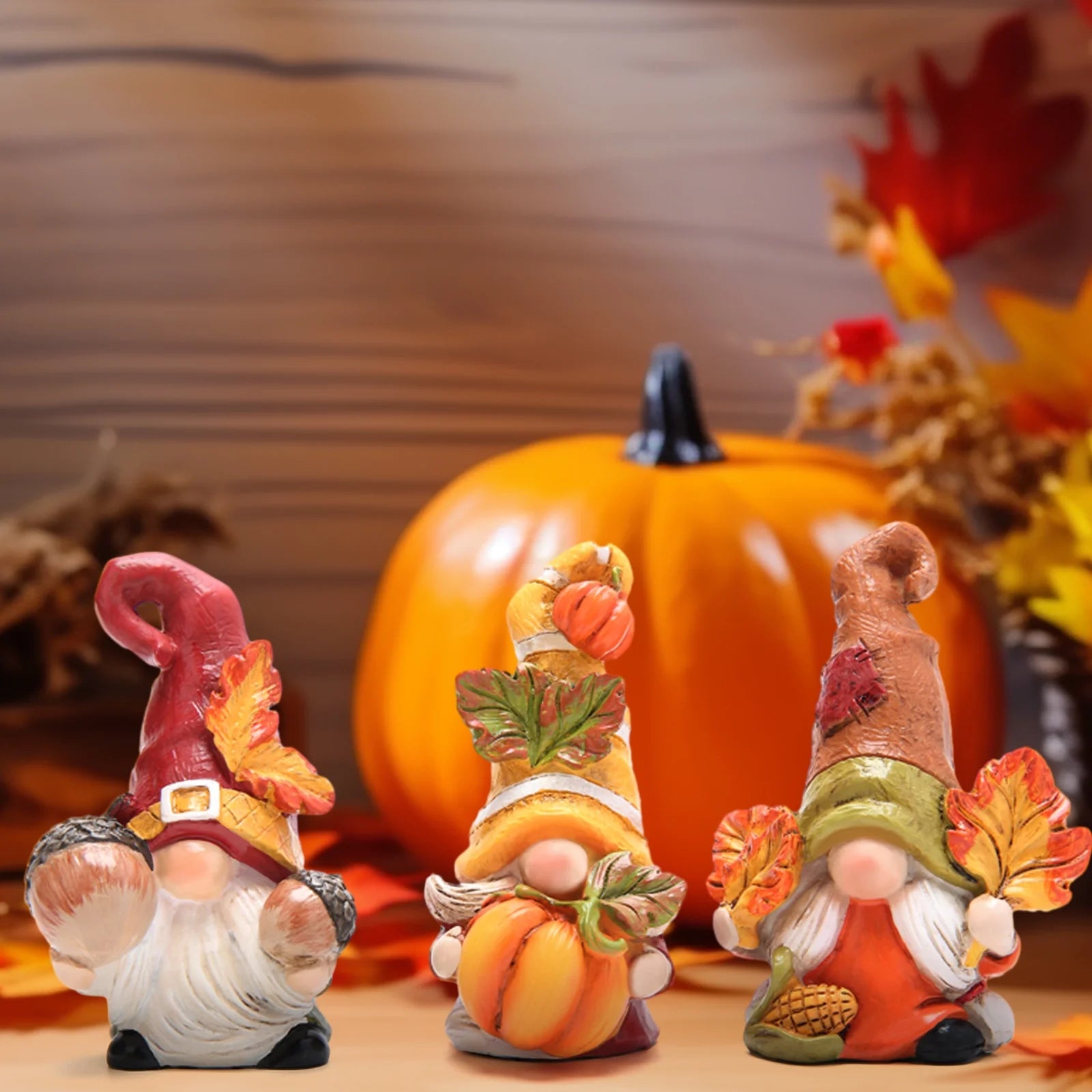 Autumn Harvest Gnome Figurines Fall Thanksgiving Resin Decorations with Pumpkin, Acorns & Leaves – Hand-Painted Tabletop Decor for Home, Kitchen, and Office Set of 3