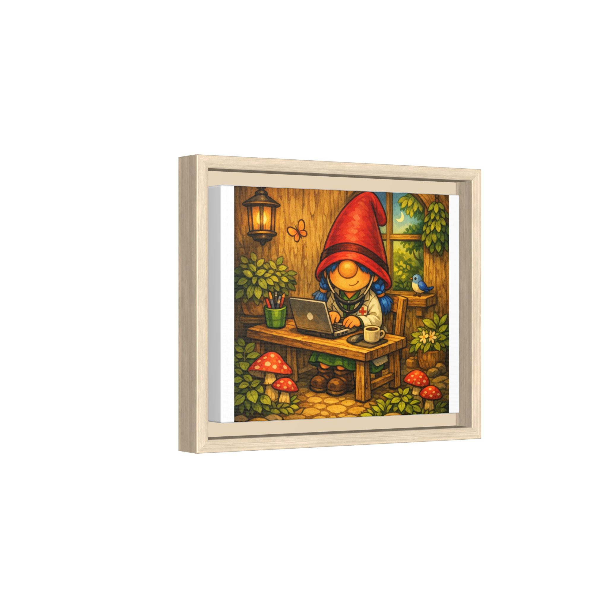 Gnome Girl Doctor at Work Framed Matte Canvas — Cozy Woodland Office Art Print
