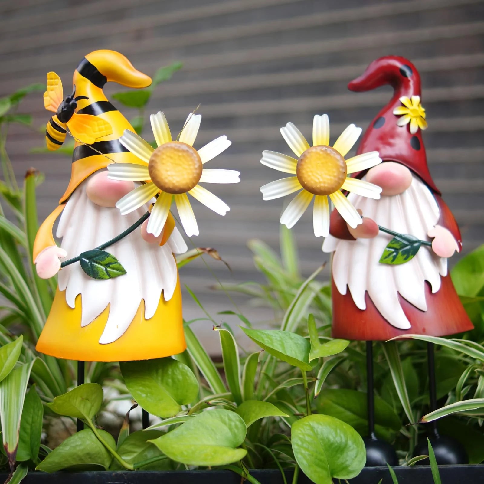 Metal Gnome Yard Art - Bee and Ladybug Sculptures - Outdoor Garden Decorations (2 Count)