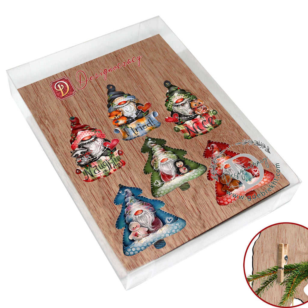 Christmas Gnomes Clip-On Eco Wood Decorative Ornaments Set of 6 by Jamie Mills-Price - Christmas Decor - 8090049C-MP-S6