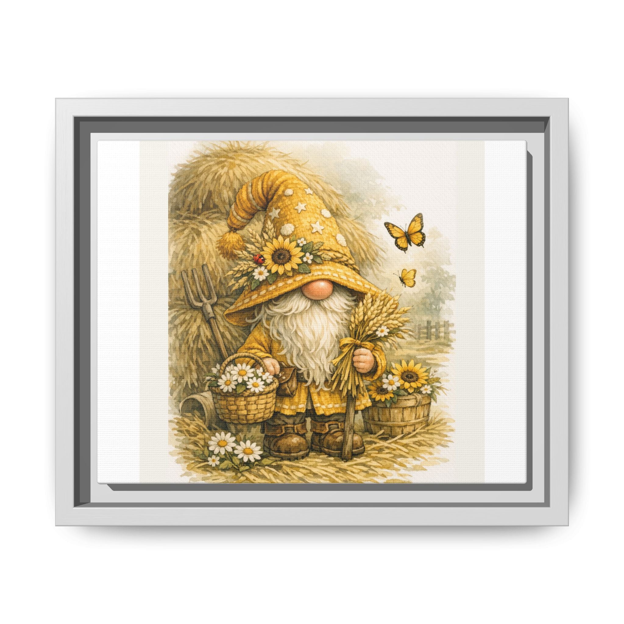 High Hat Sunflower Gnome Framed Canvas Print — Rustic Autumn Wall Art