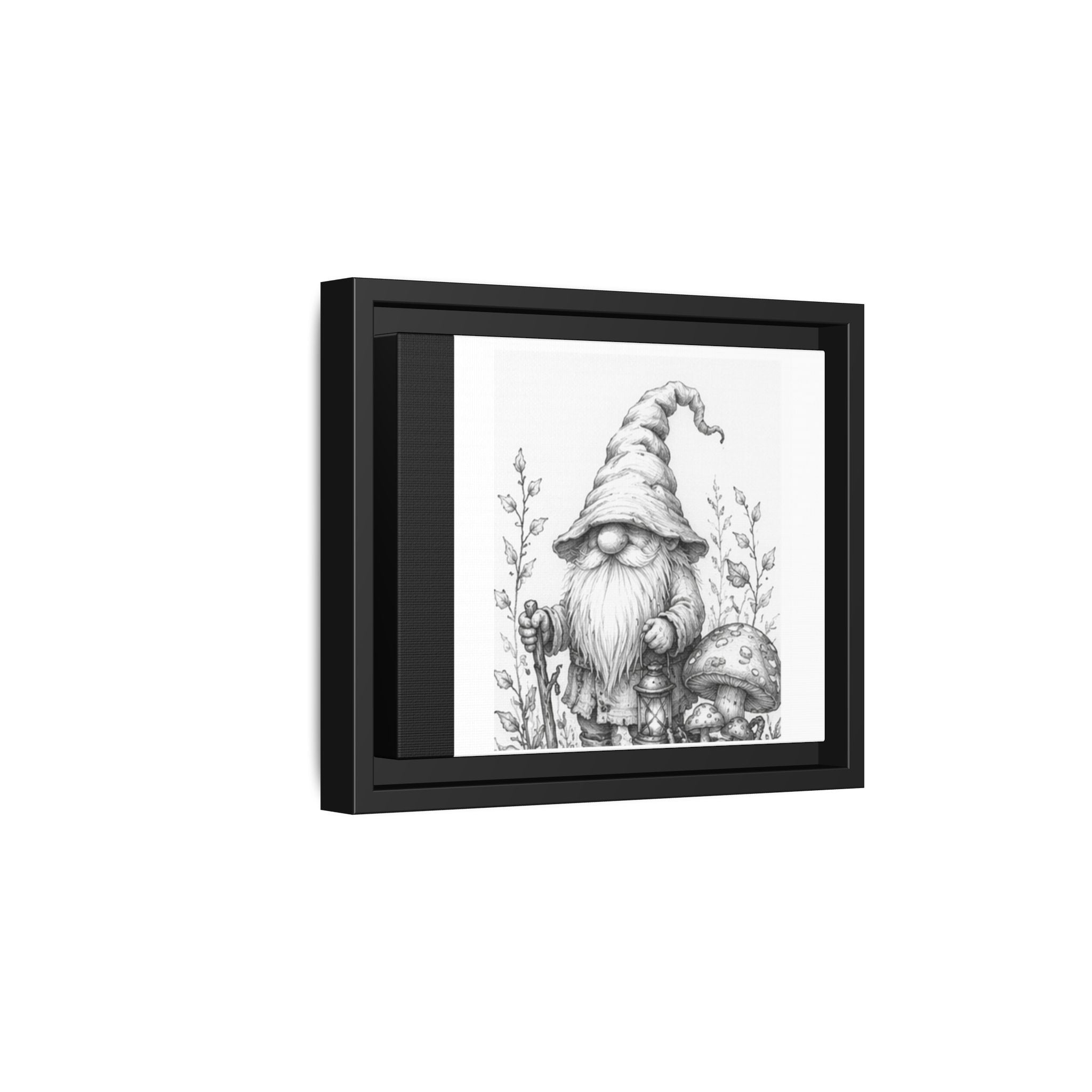 Gnome Pencil Illustration Framed Canvas Print — Black & White Matte Wall Art - Briar