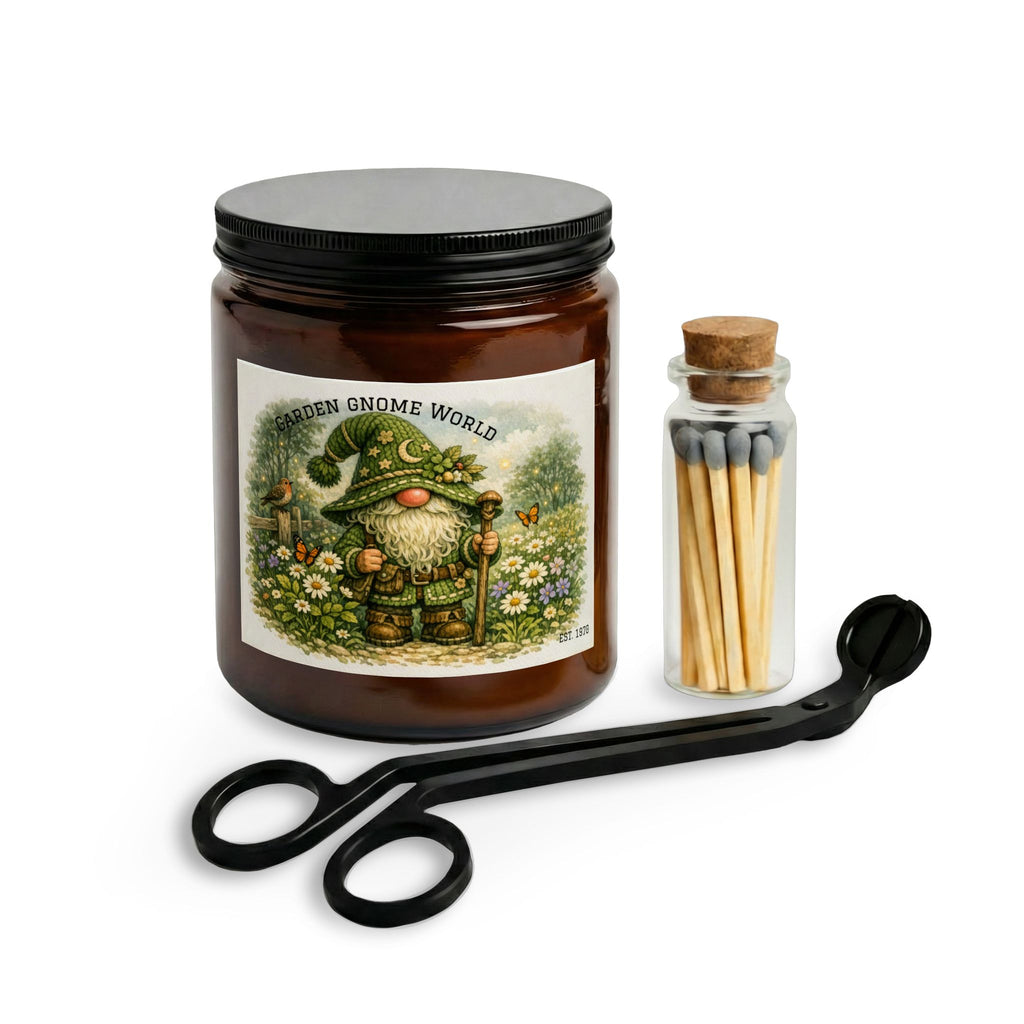 High Hat Green Garden Gnome Candle Set — Soy Jar Candle with Matches & Wick Trimmer