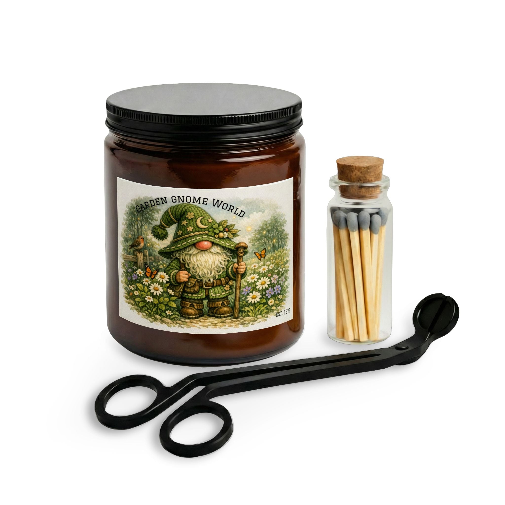 High Hat Green Garden Gnome Candle Set — Soy Jar Candle with Matches & Wick Trimmer