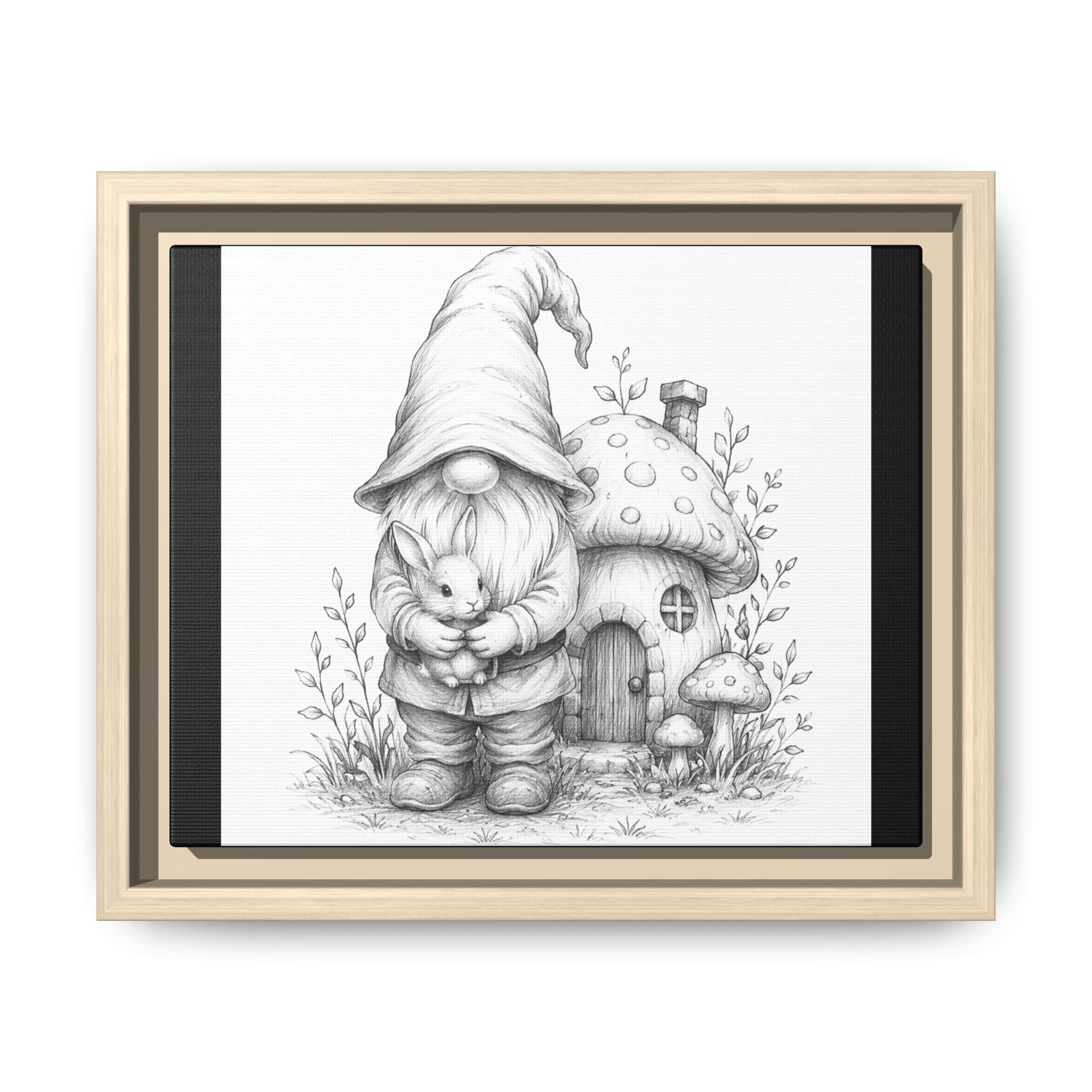 Gnome & Bunny Pencil Sketch Framed Matte Canvas - Hopper