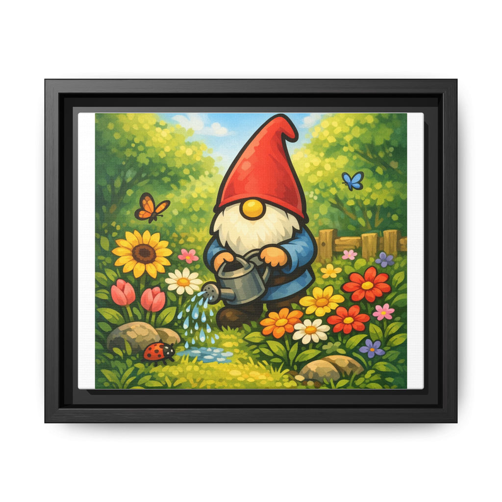 Gnome Watering Flowers Garden Matte Canvas Print (Framed) — Colorful Spring Wall Art