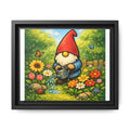 Gnome Watering Flowers Garden Matte Canvas Print (Framed) — Colorful Spring Wall Art
