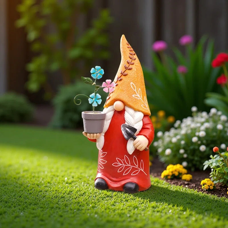 Solar Garden Gnome - a beautiful gnome holding a flower pot 12 Inch 
