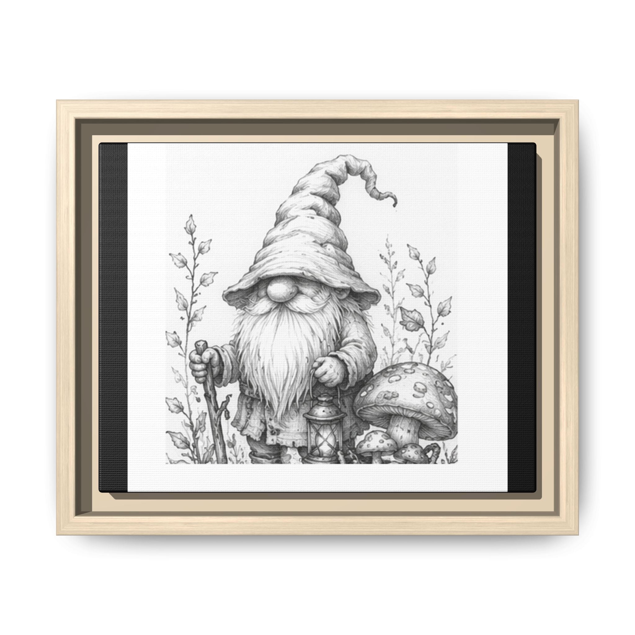 Gnome Pencil Sketch Matte Canvas Print — Framed Woodland Decor - Daisy