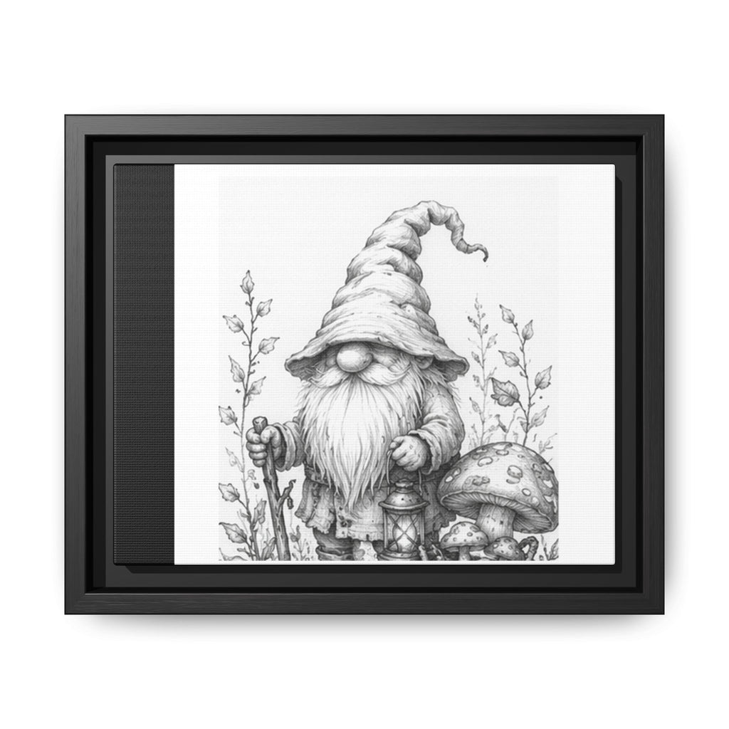 Gnome Pencil Illustration Framed Canvas Print — Black & White Matte Wall Art - Briar