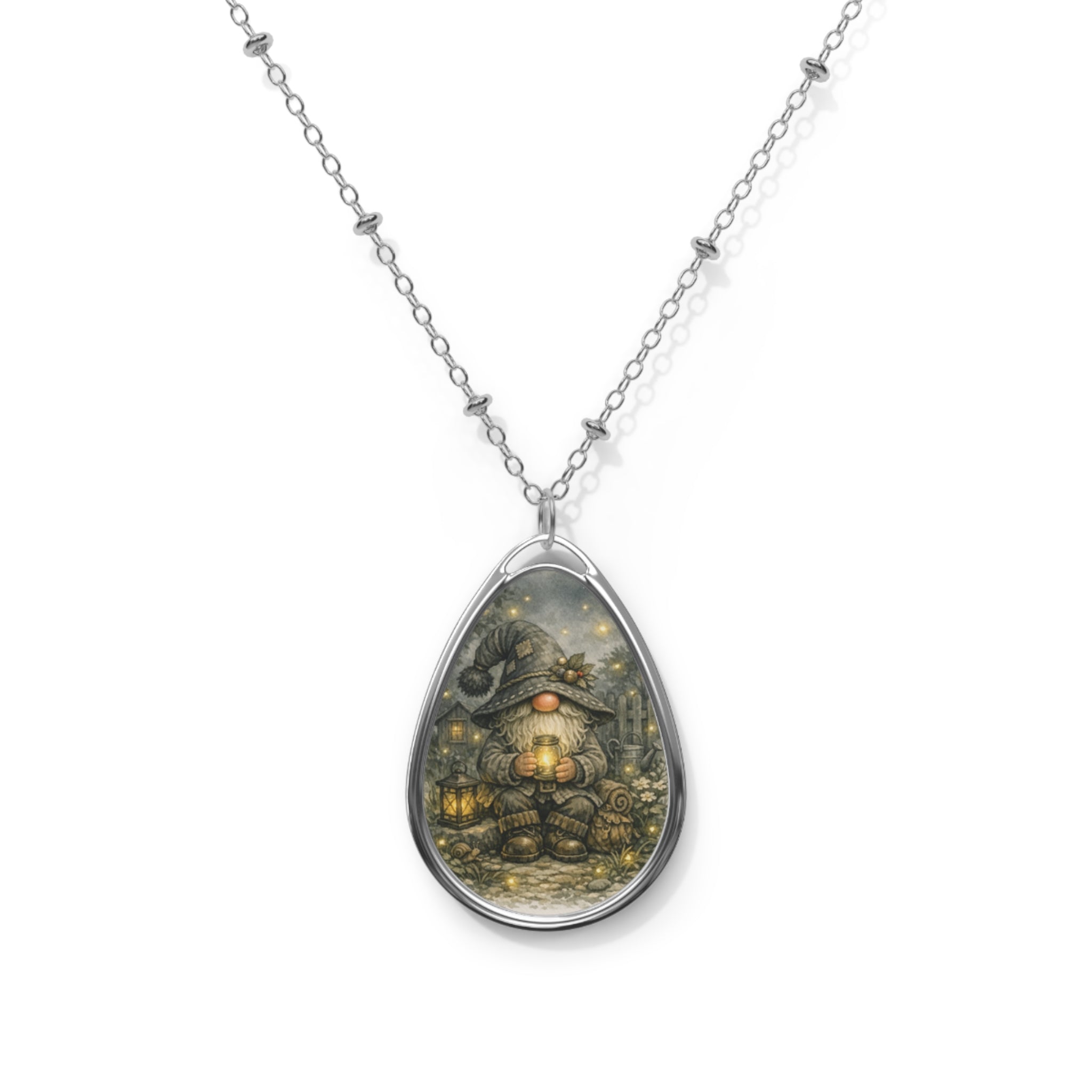 Gnome Lantern Oval Necklace — Whimsical Fairy Tale Pendant