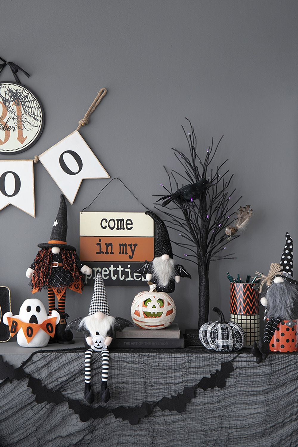 Sitting Gnome with Wings & Plaid Hat – Set of 2, Black, Halloween Decor