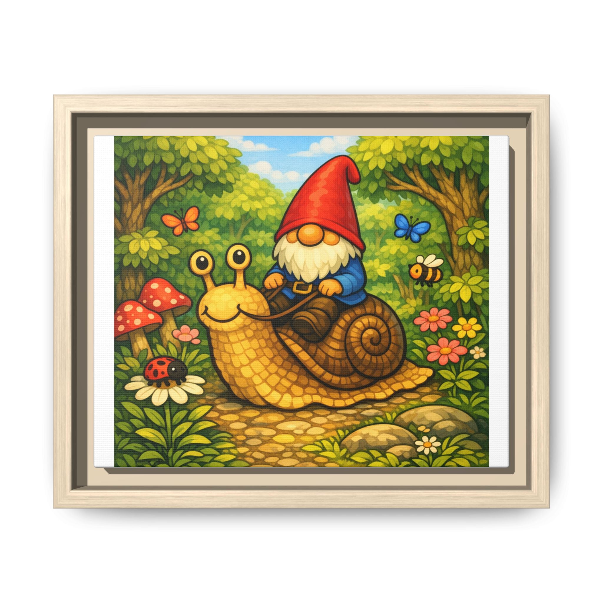 Whimsical Gnome Riding Snail Framed Canvas Print