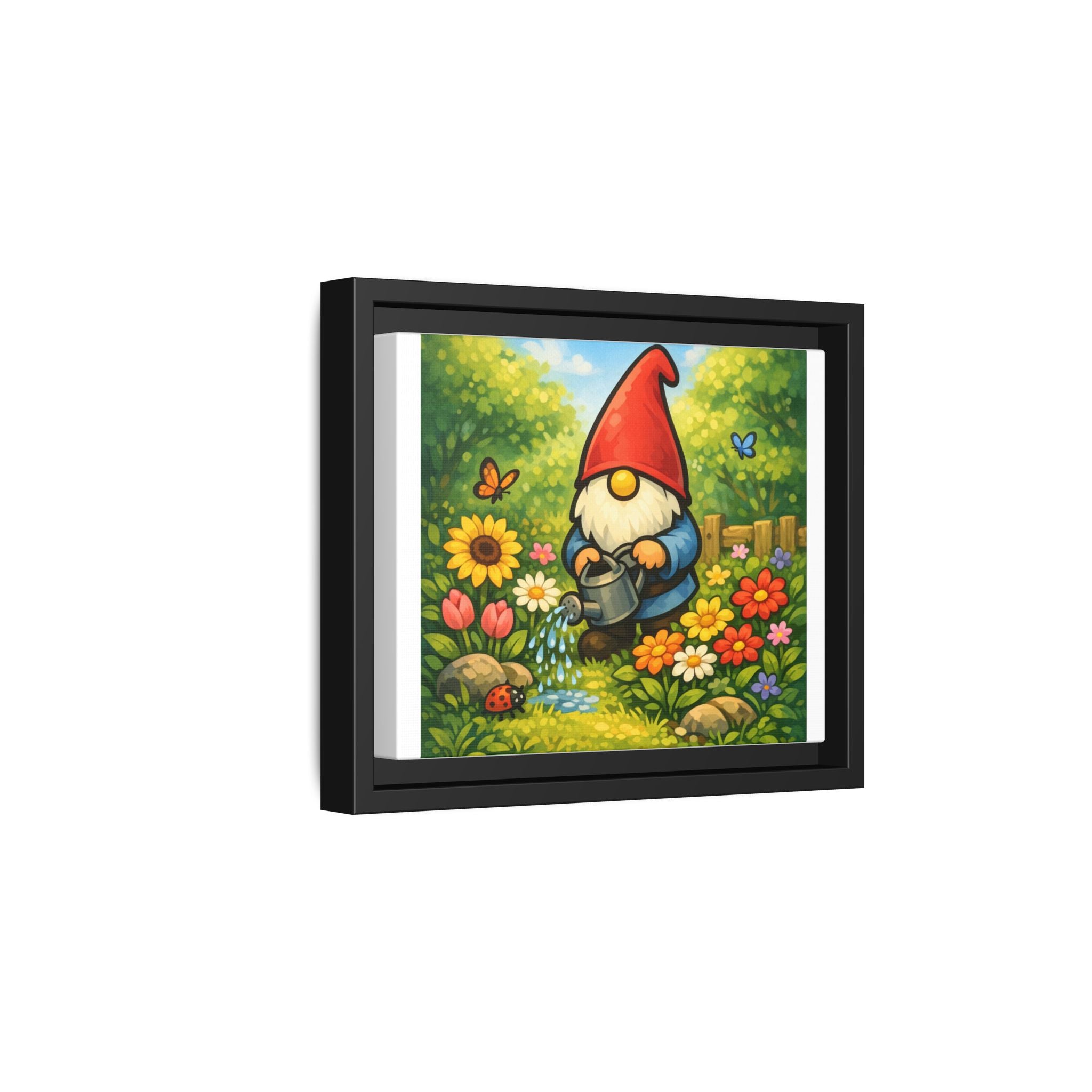 Gnome Watering Flowers Garden Matte Canvas Print (Framed) — Colorful Spring Wall Art