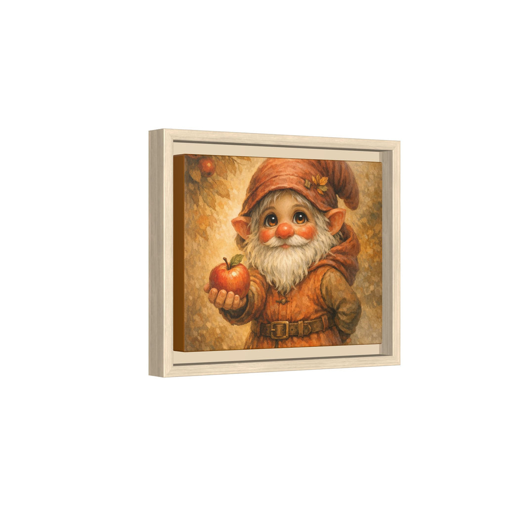 Bright Eyes Framed Gnome Canvas Print — Autumn Elf Holding Apple Wall Art