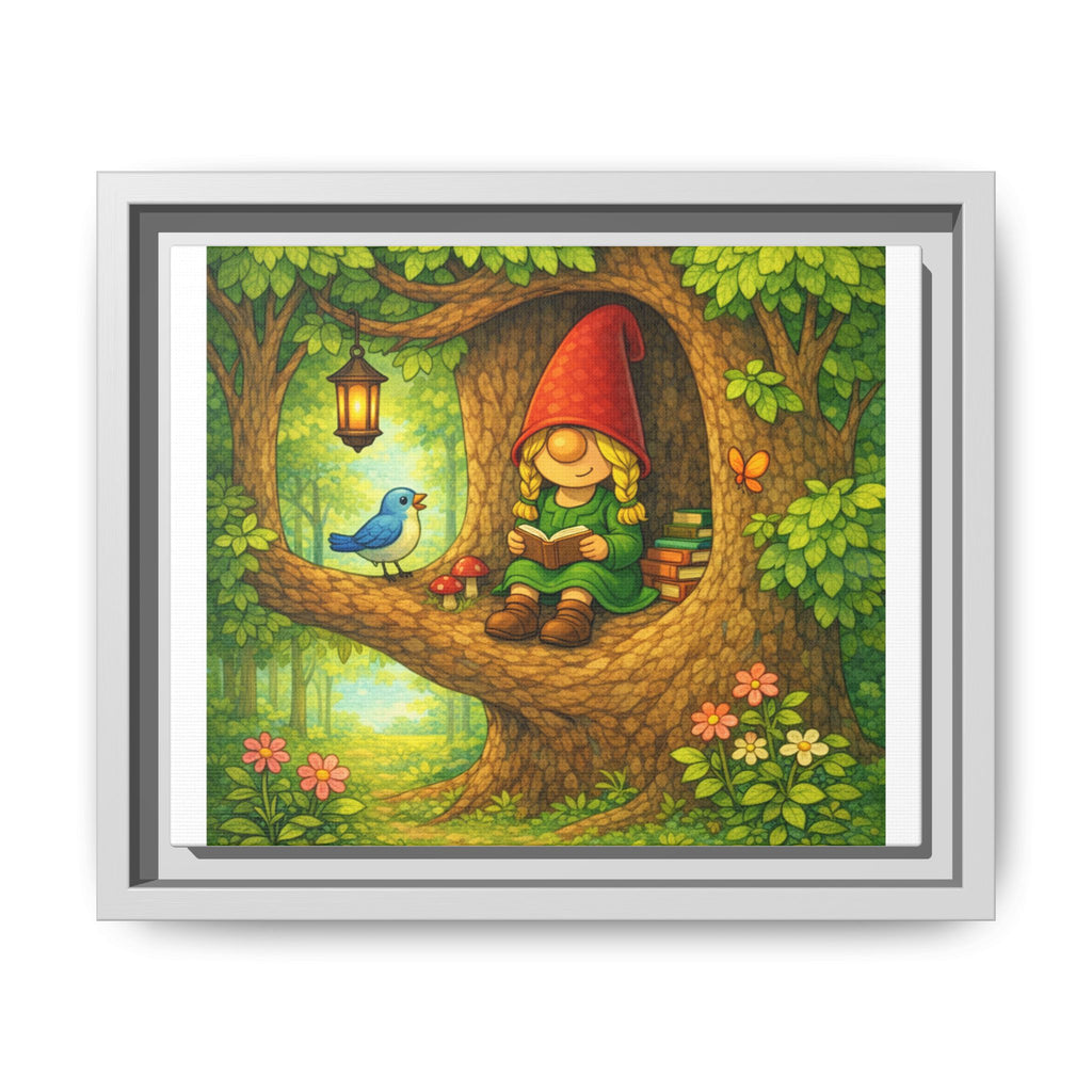 Whimsical Gnome Girl Reading in Tree Matte Canvas Print — Framed Forest Wall Art