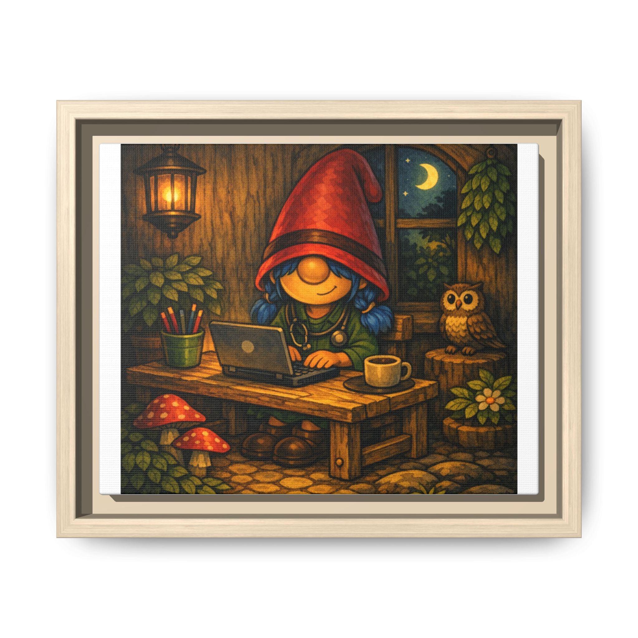 Cozy Gnome Girl with blue Hair Nightscape Framed Canvas Print
