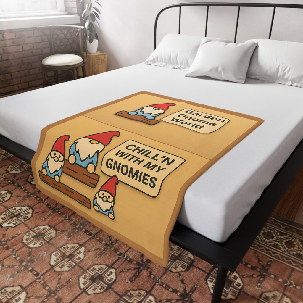 Gnome-themed blanket on a bed with a cozy bedroom setting