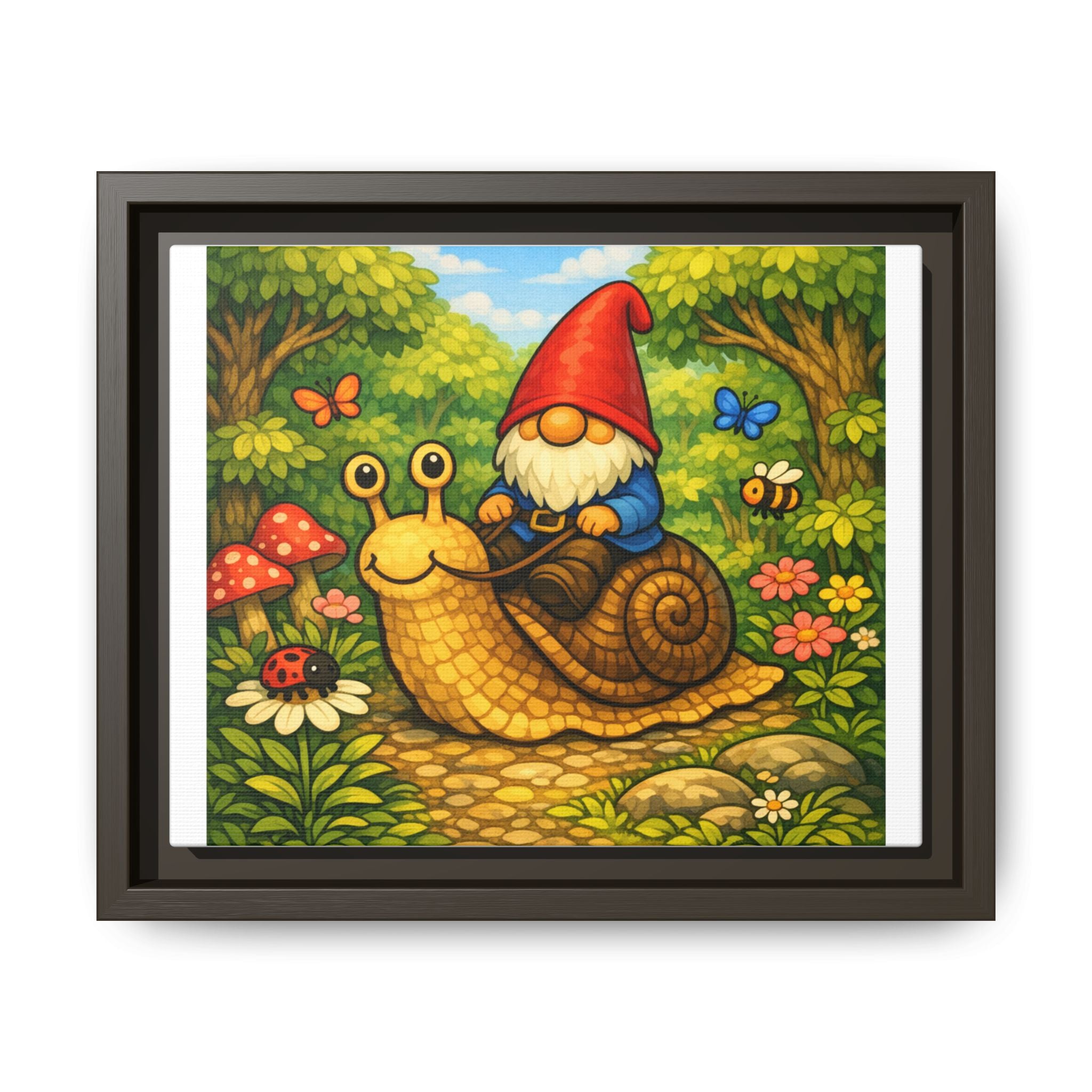 Whimsical Gnome Riding Snail Framed Canvas Print