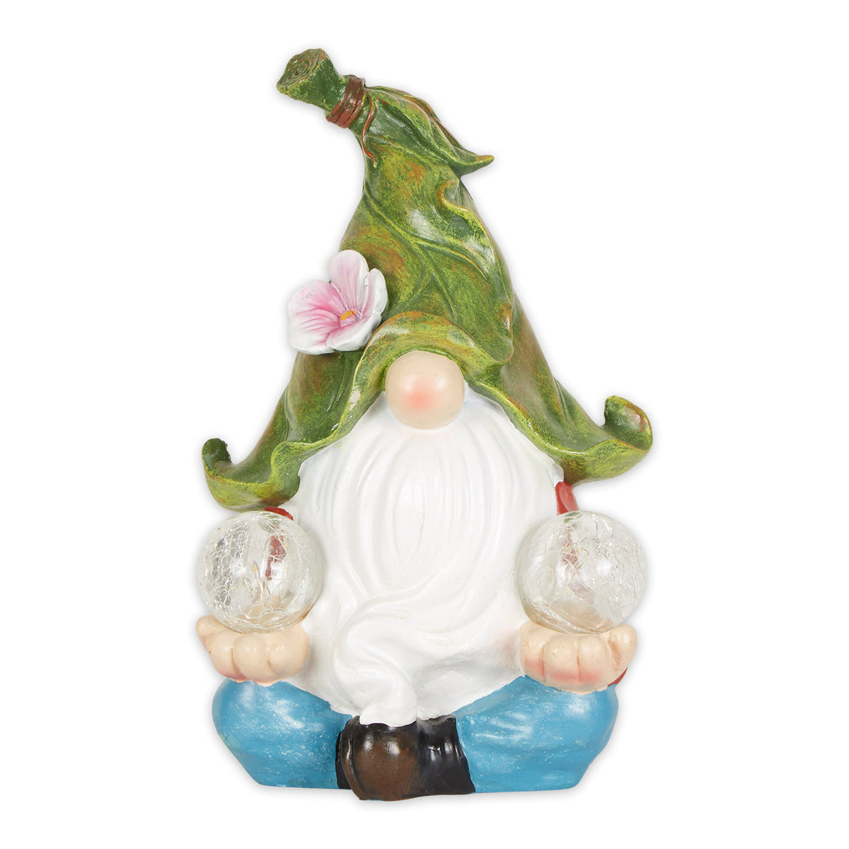 Cross-legged gnome with a green leaf-shaped hat, pink flower, white beard and a clear globe in each hand.