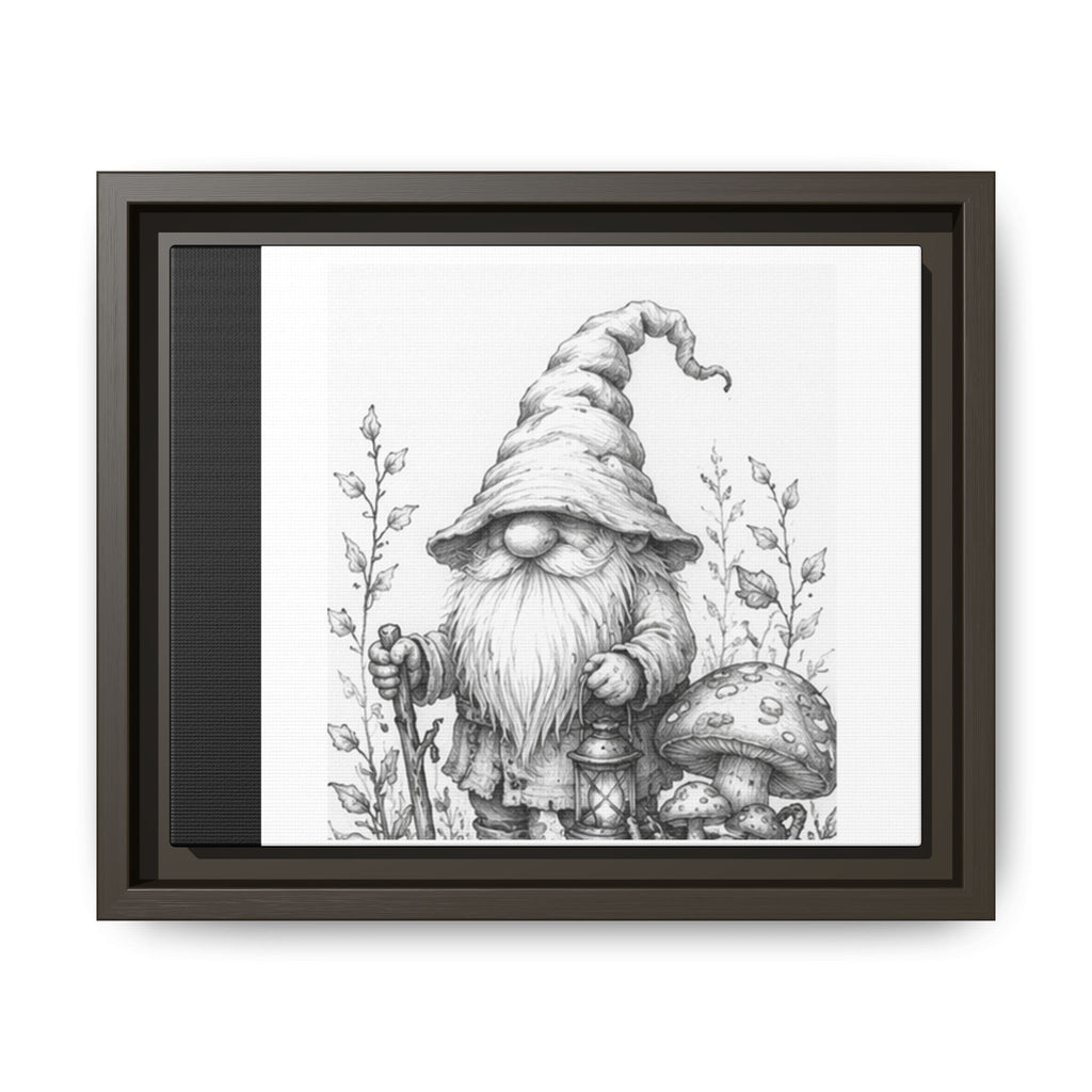 Gnome Pencil Illustration Framed Canvas Print — Black & White Matte Wall Art - Briar