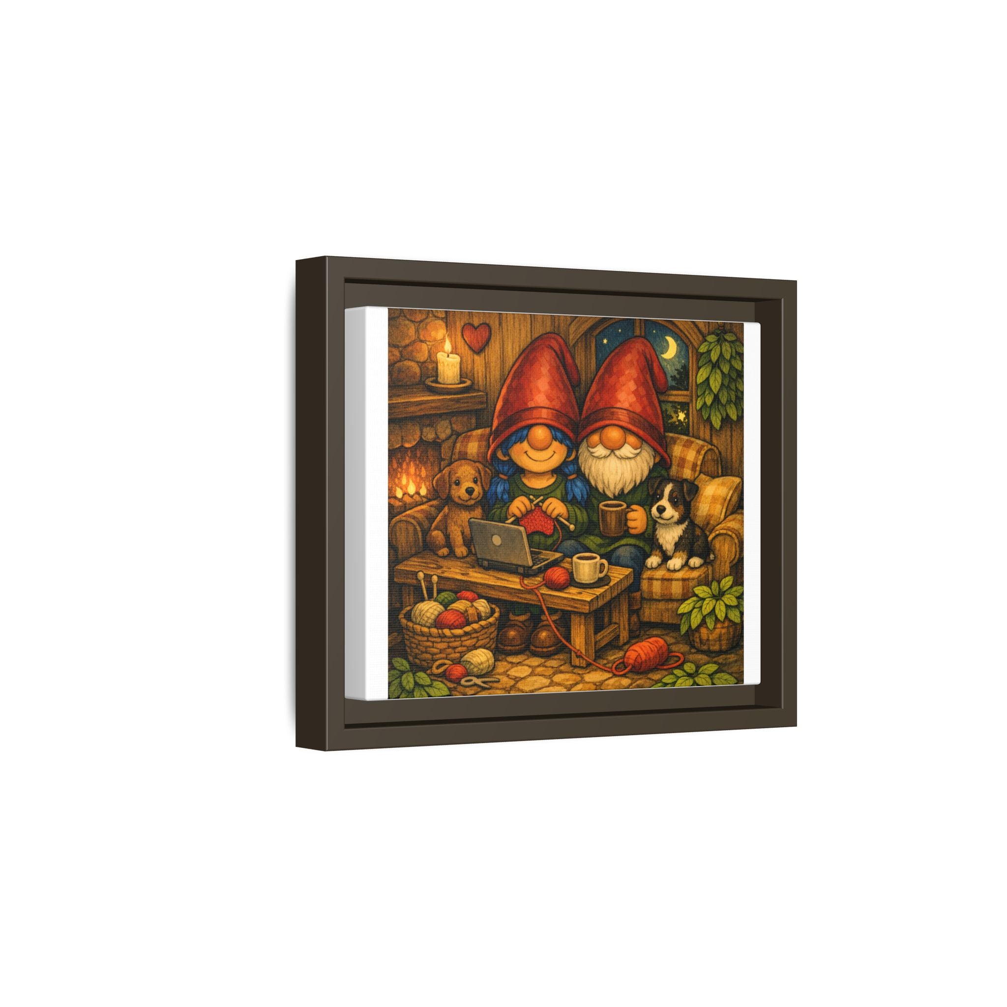 Cozy Gnome Couple Framed with Puppies Canvas Art — Warm Cottage Illustration