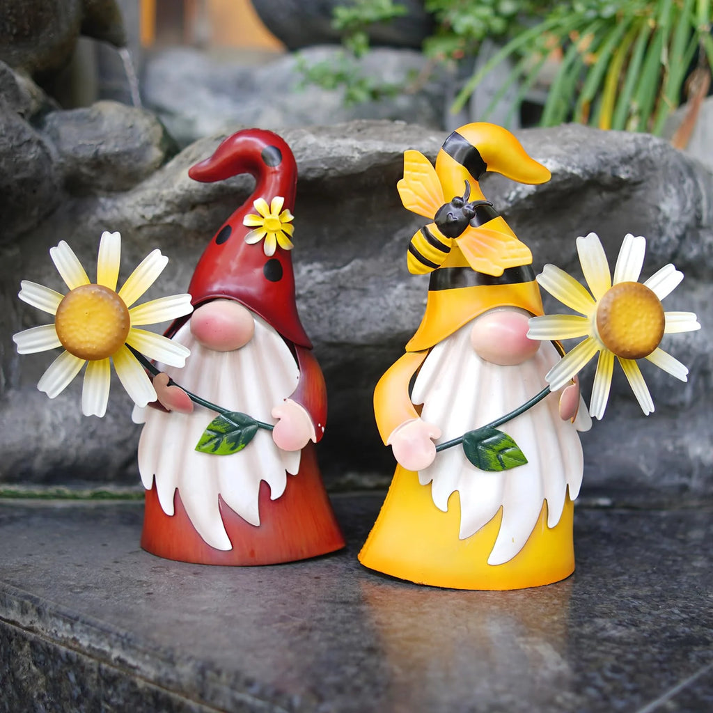 Metal Gnome Yard Art - Bee and Ladybug Sculptures - Outdoor Garden Decorations (2 Count)