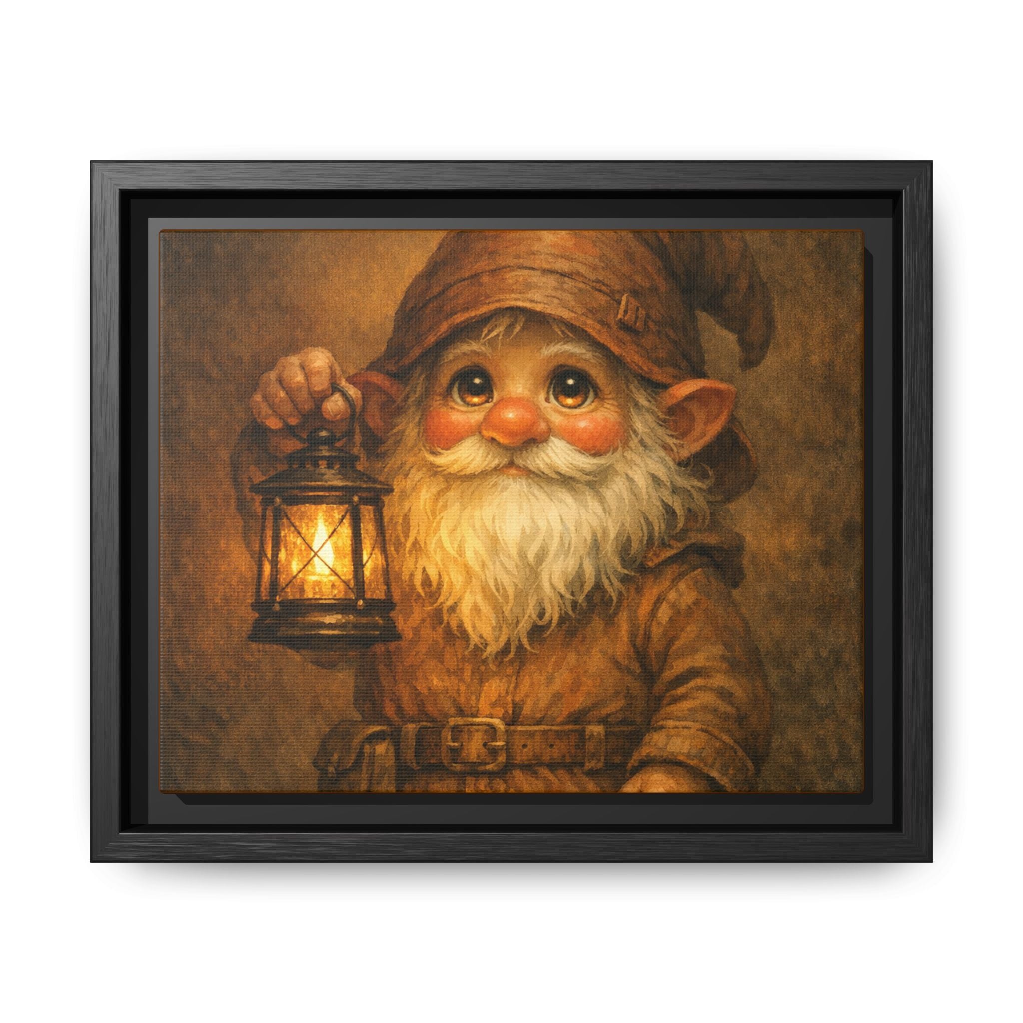 Bright eyes Gnome Lantern Framed Canvas Art — Whimsical Cozy Nursery Wall Decor