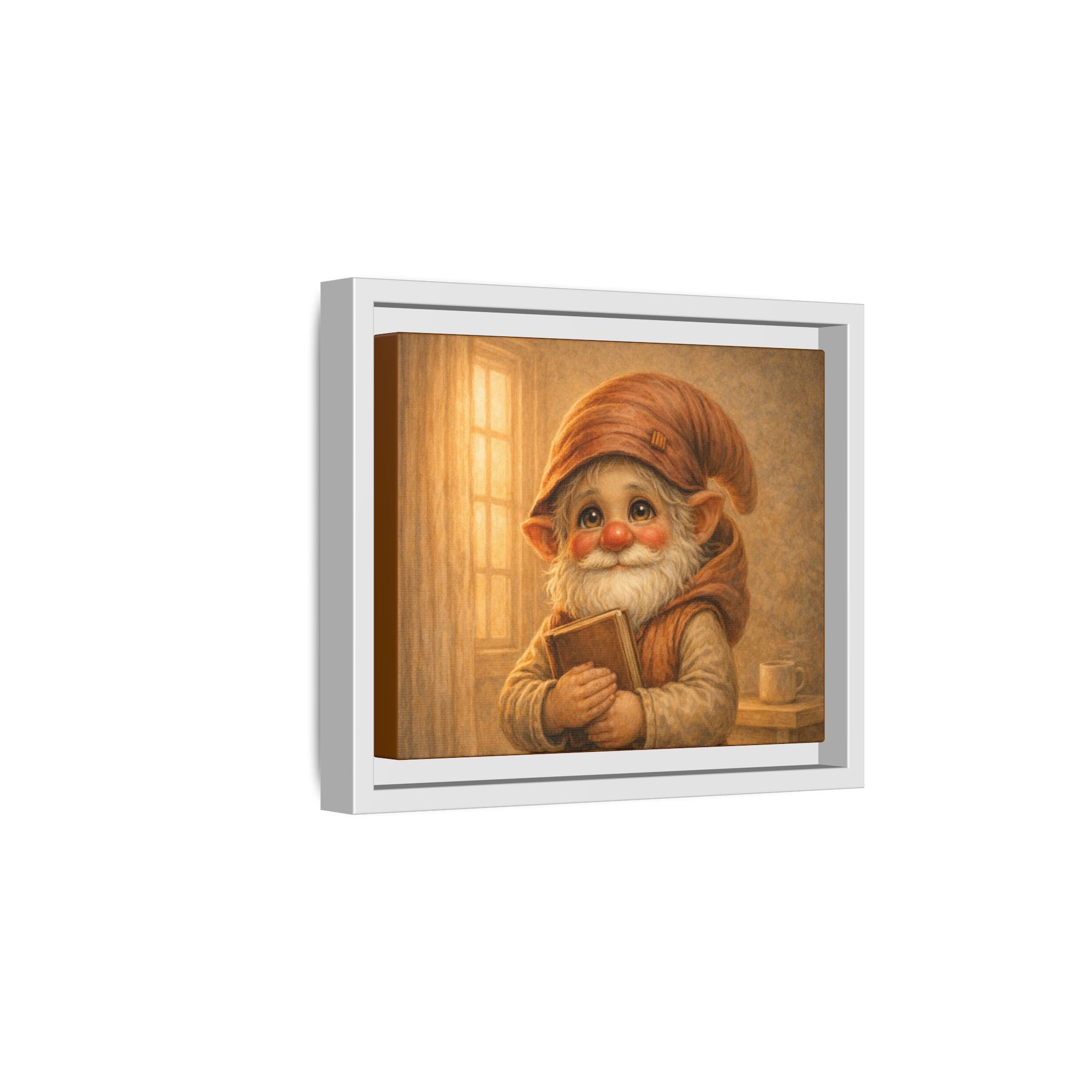 Framed Matte Canvas — Bright Eyes Whimsical Gnome Holding Book Wall Art