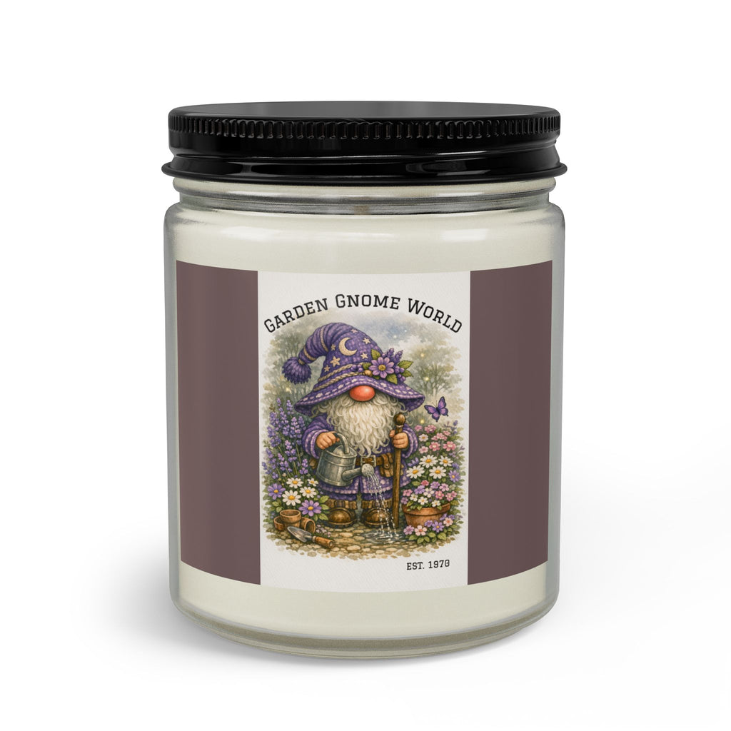 Purple High Hat Garden Gnome Candle Set with Matches & Wick Trimmer — Whimsical Floral Scented Jar