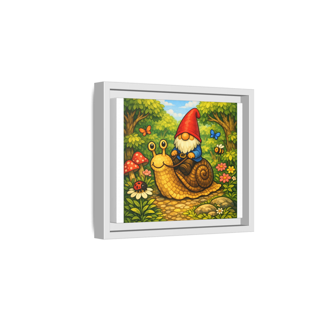 Whimsical Gnome Riding Snail Framed Canvas Print