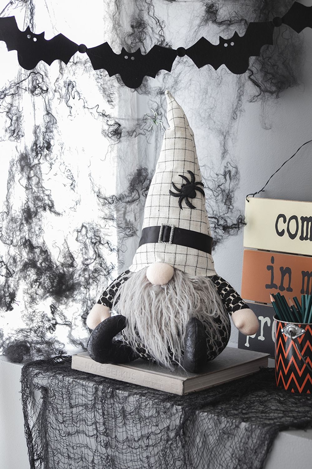 Black Sitting Gnome With Spider Hat – Halloween Decor Set of 2