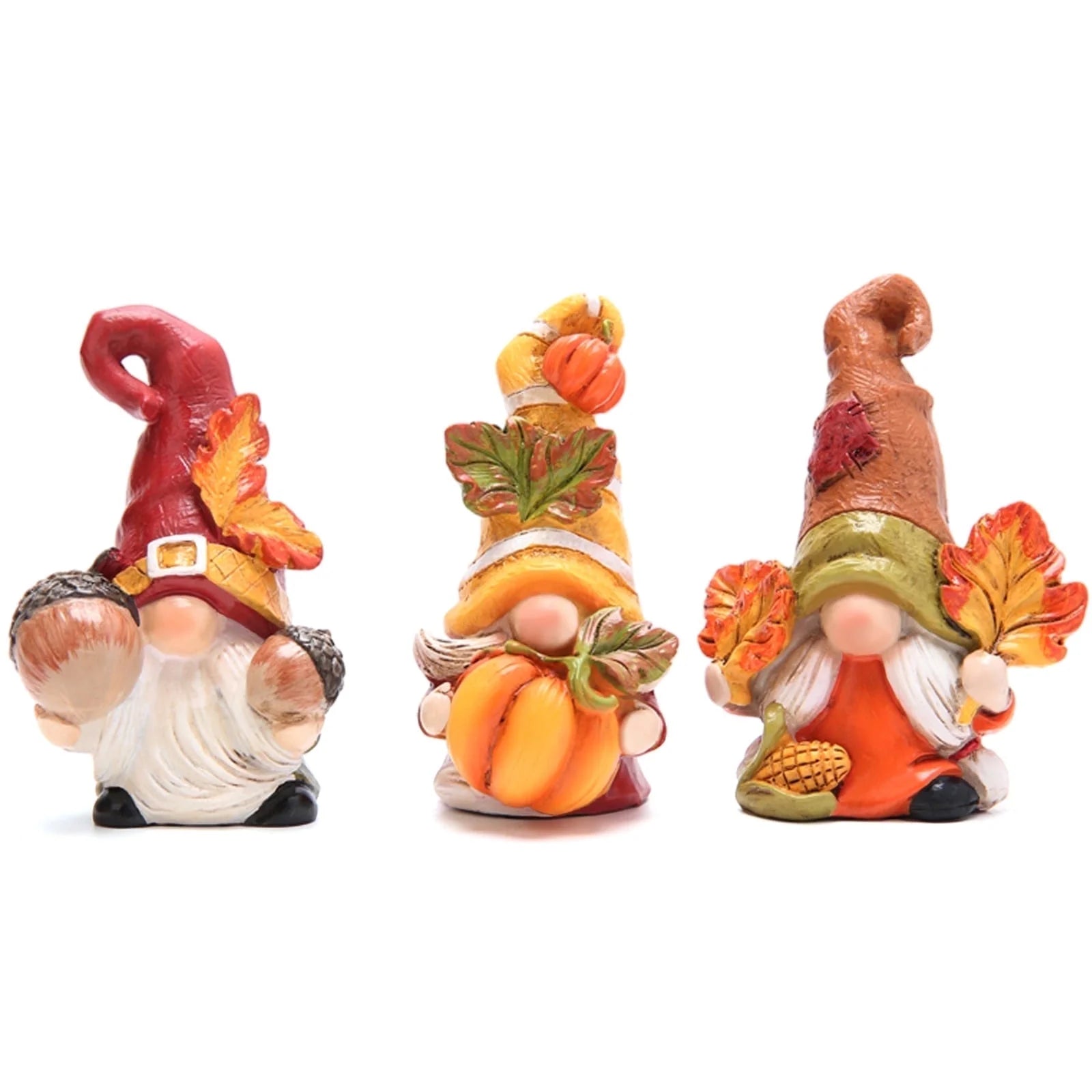 Autumn Harvest Gnome Figurines Fall Thanksgiving Resin Decorations with Pumpkin, Acorns & Leaves – Hand-Painted Tabletop Decor for Home, Kitchen, and Office Set of 3