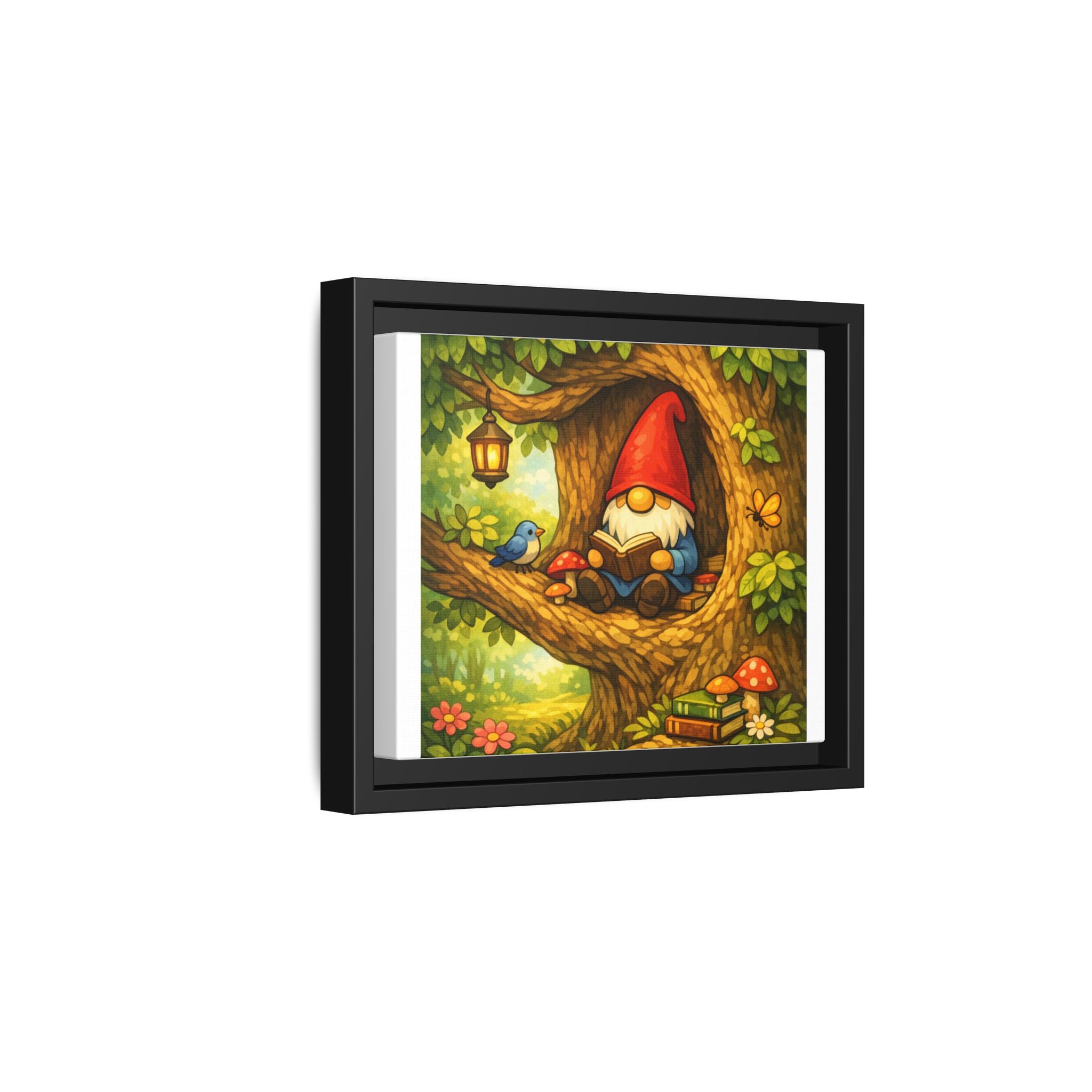 Cute Gnome Boy reading in Tree - Matte Canvas Framed Art — Back to School Teacher Gift