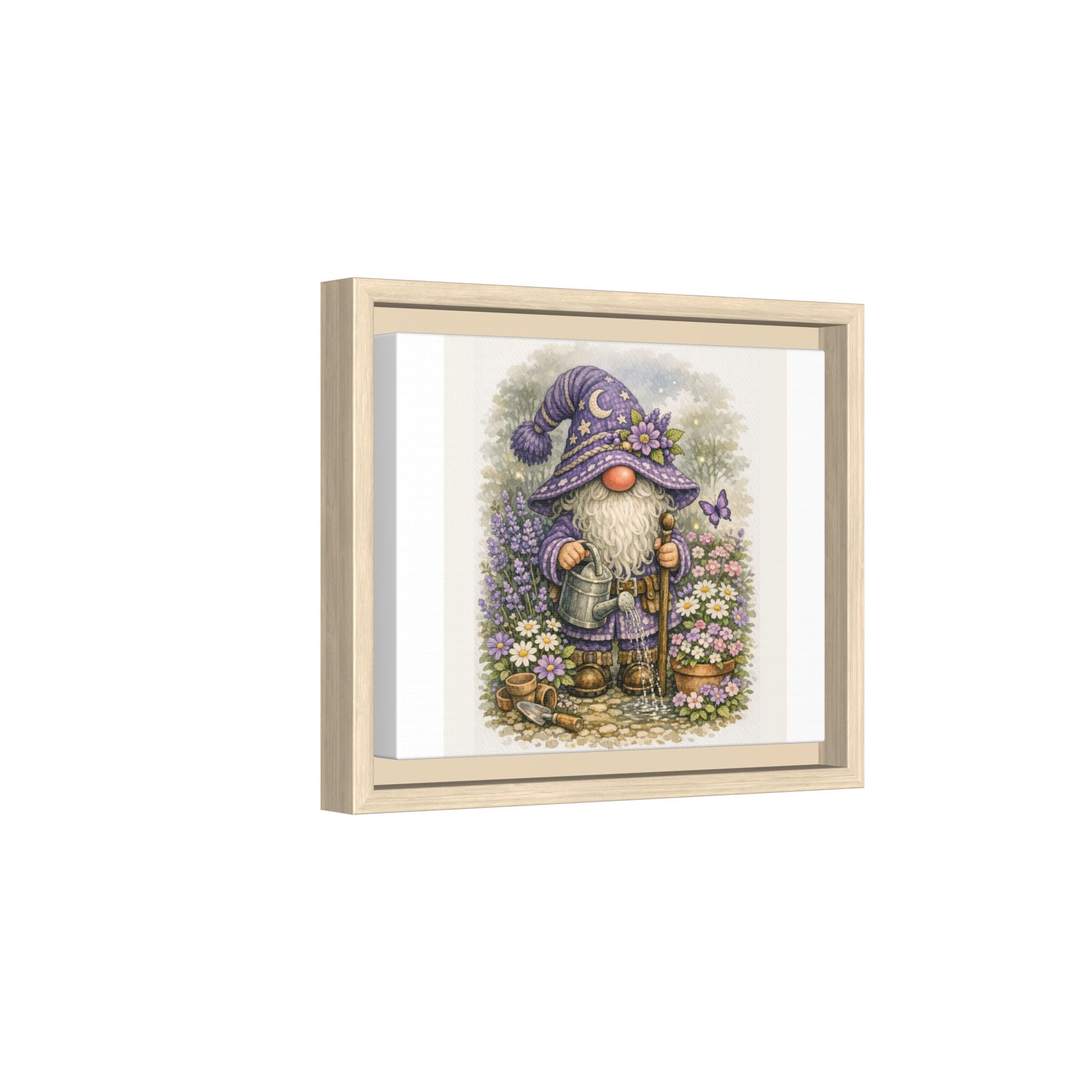 Gnome Garden Framed Canvas Art — High Hat Whimsical Purple Gardener Print