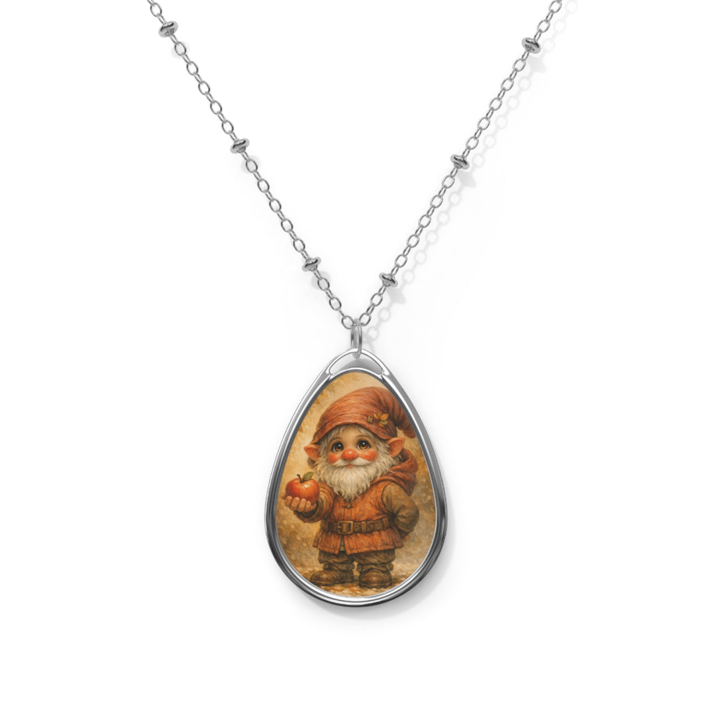 Vintage Gnome Oval Pendant Necklace — Cute Woodland Holiday Jewelry
