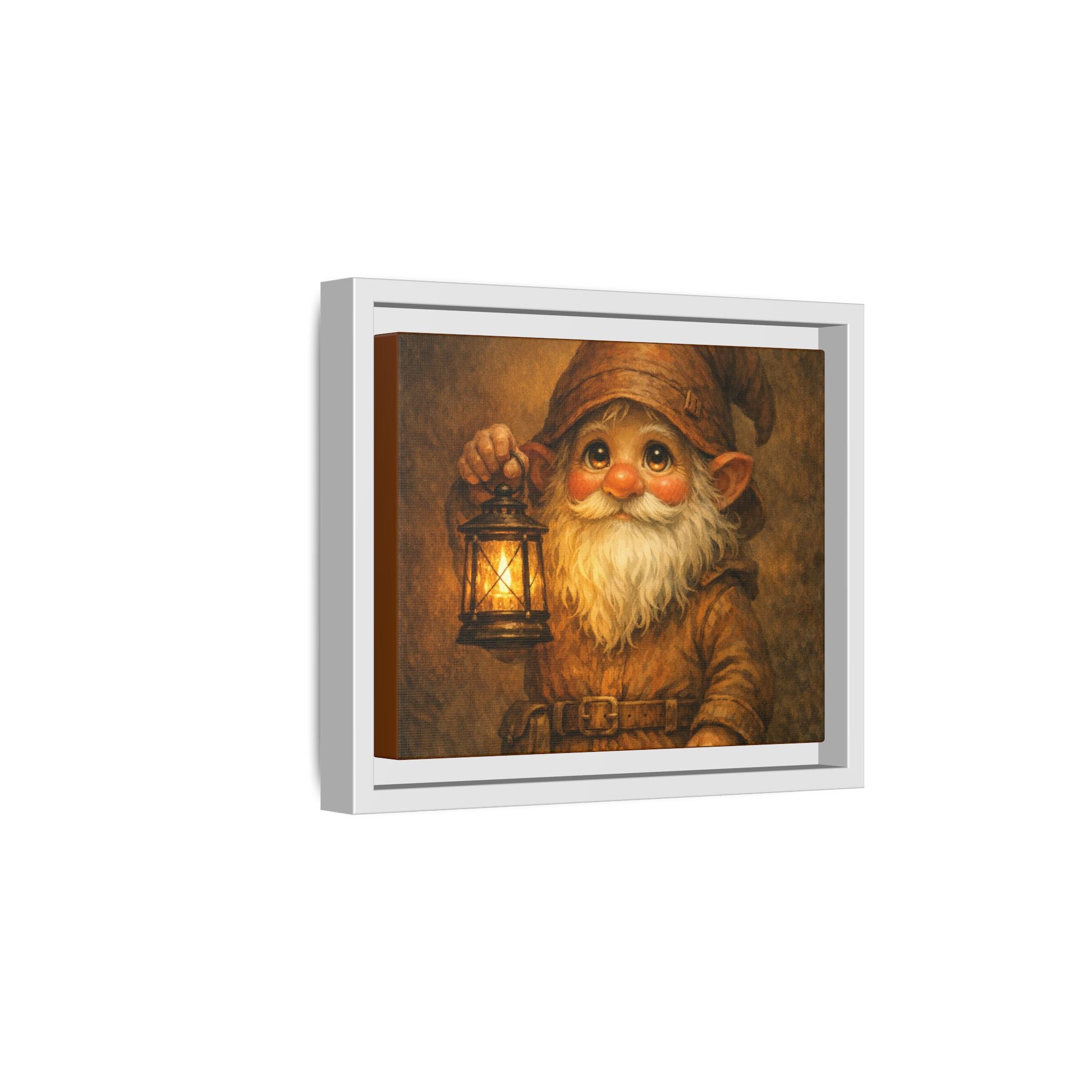 Bright eyes Gnome Lantern Framed Canvas Art — Whimsical Cozy Nursery Wall Decor