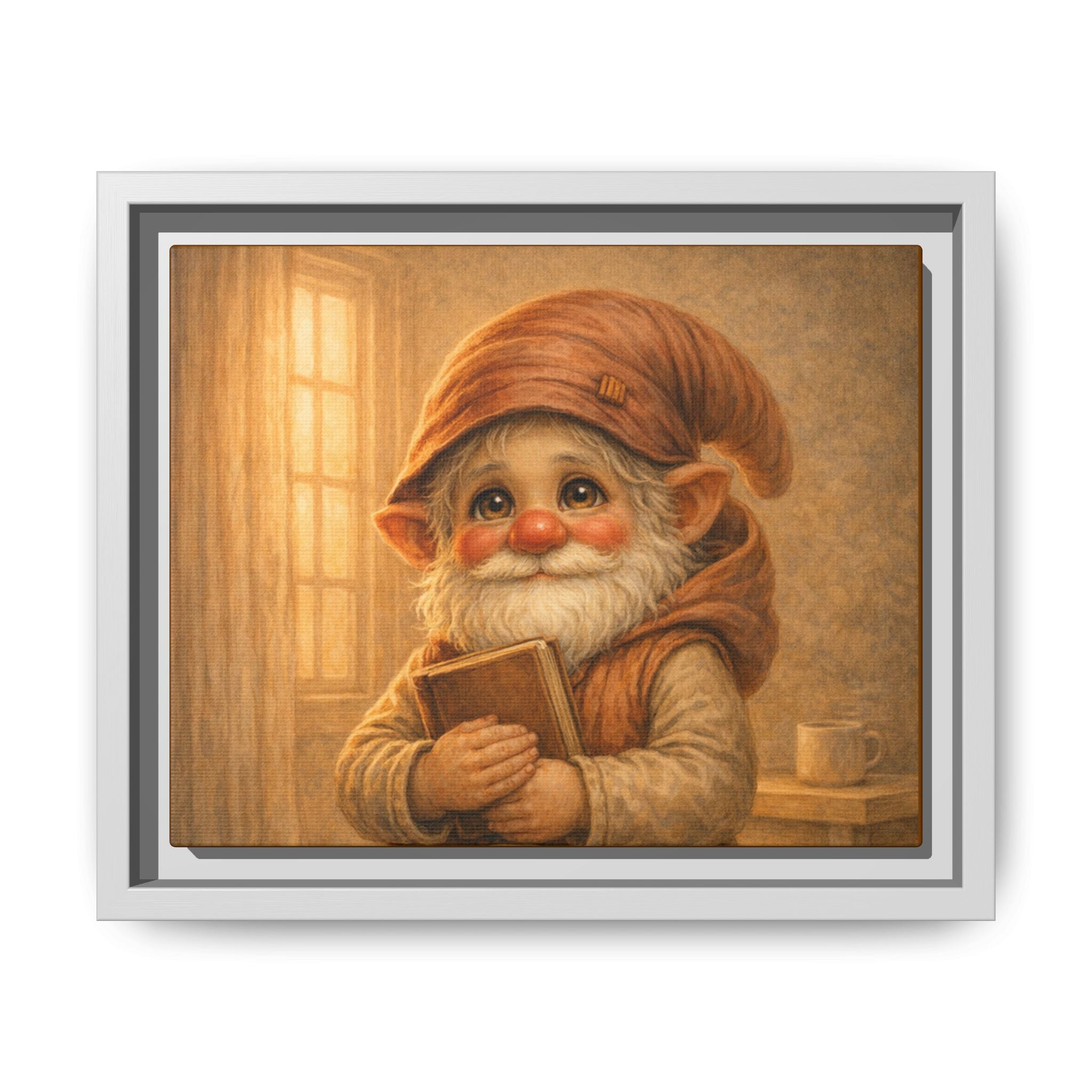 Framed Matte Canvas — Bright Eyes Whimsical Gnome Holding Book Wall Art