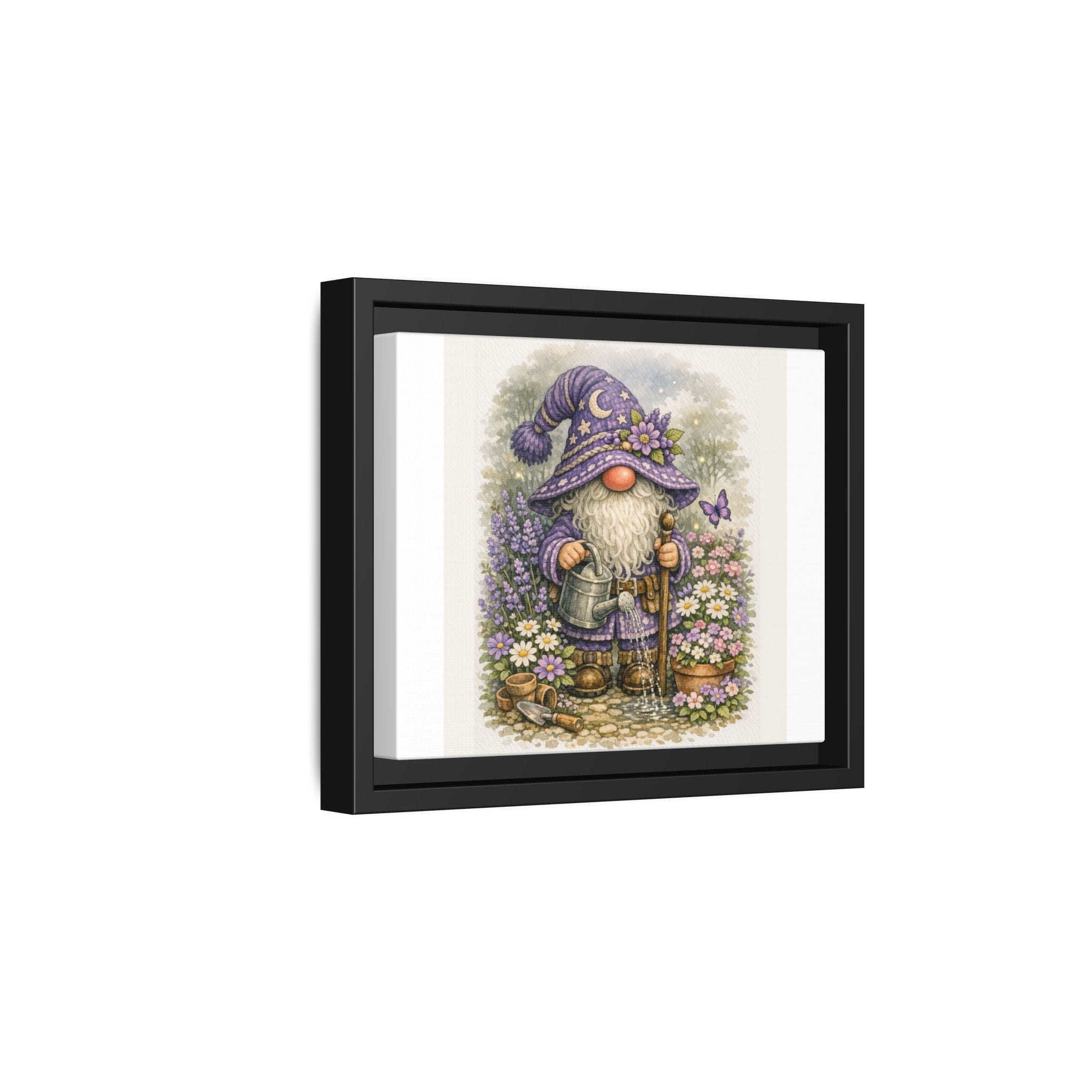 Gnome Garden Framed Canvas Art — High Hat Whimsical Purple Gardener Print