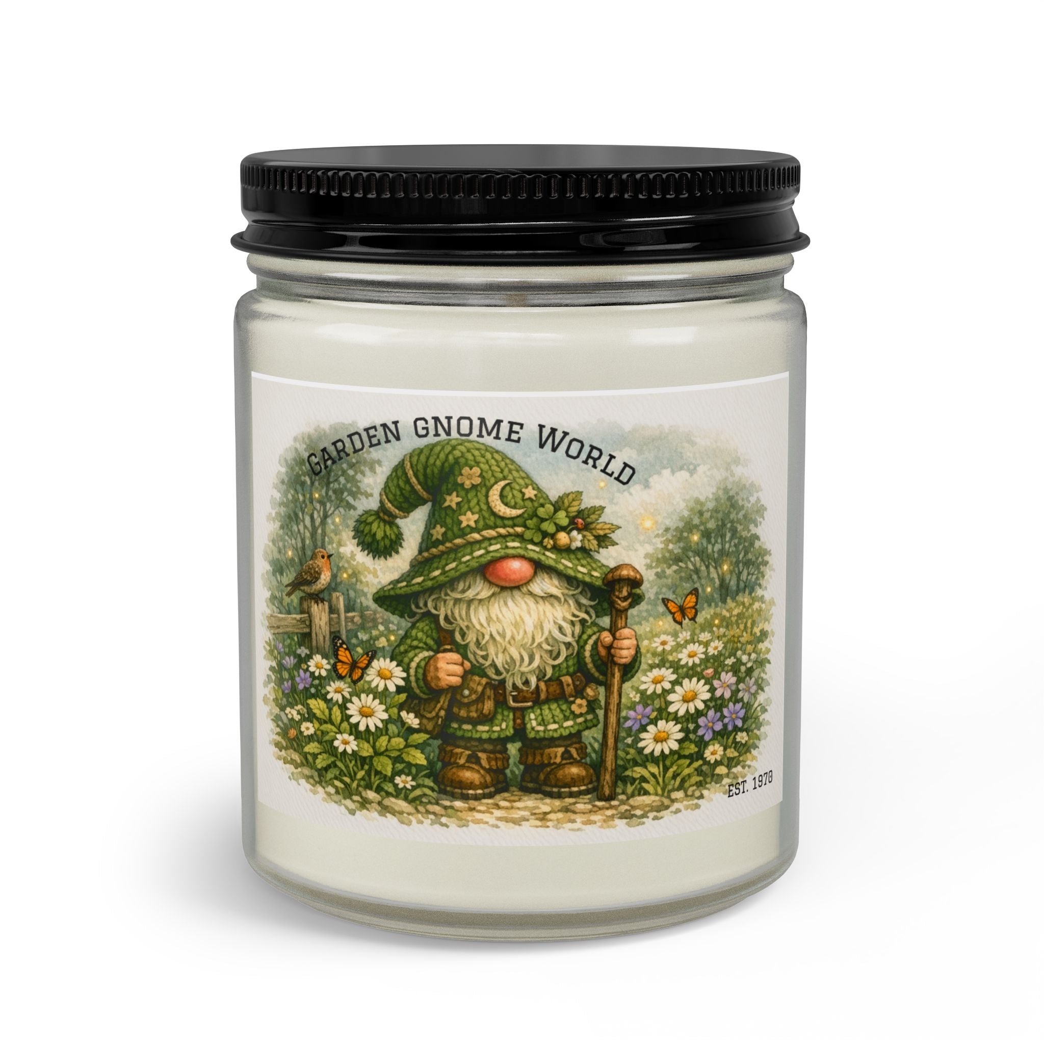 High Hat Green Garden Gnome Candle Set — Soy Jar Candle with Matches & Wick Trimmer