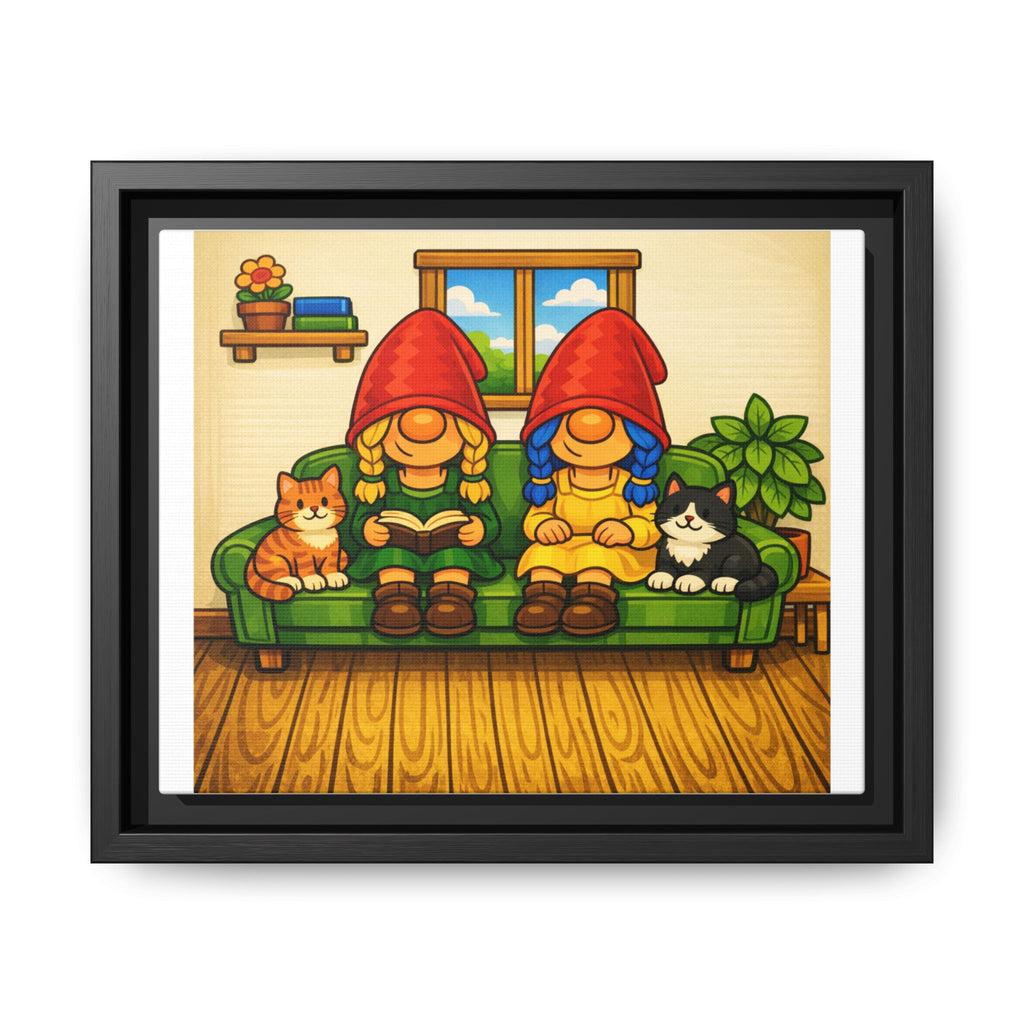 Gnome Girls on Sofa with Cats— Framed Matte Canvas Wall Art