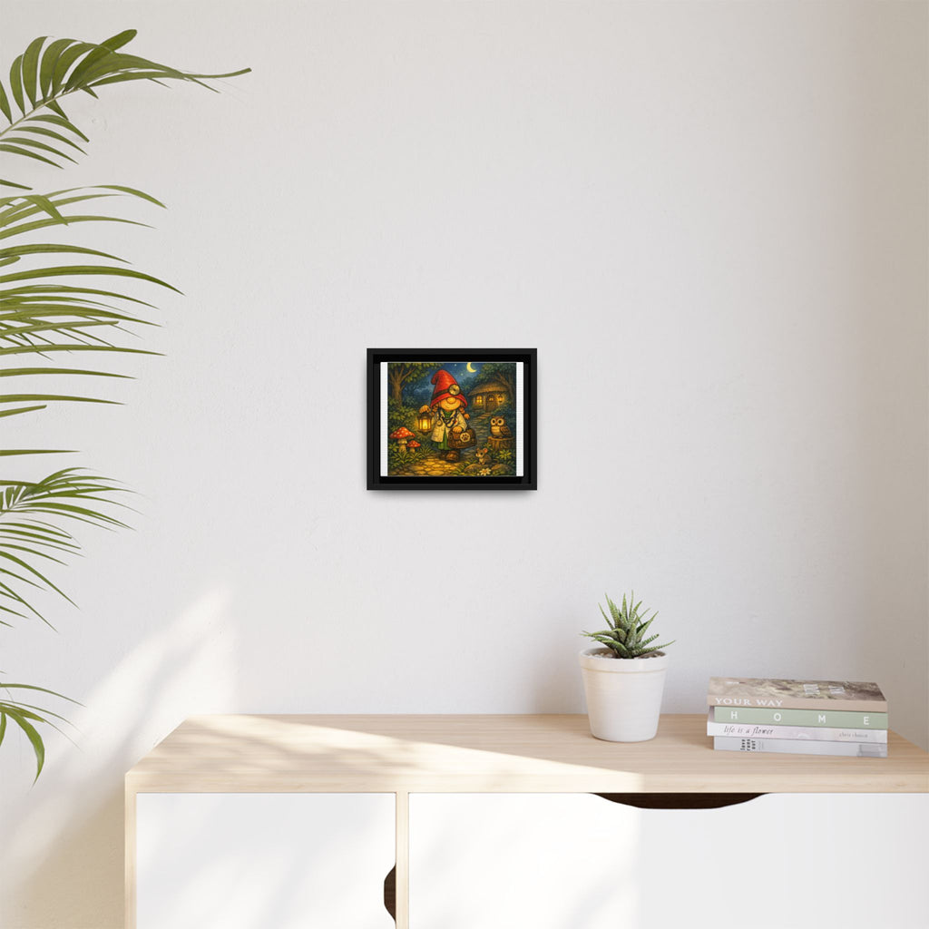 Framed Canvas Art - Whimsical Gnome Girl Vet Lantern Night Scene