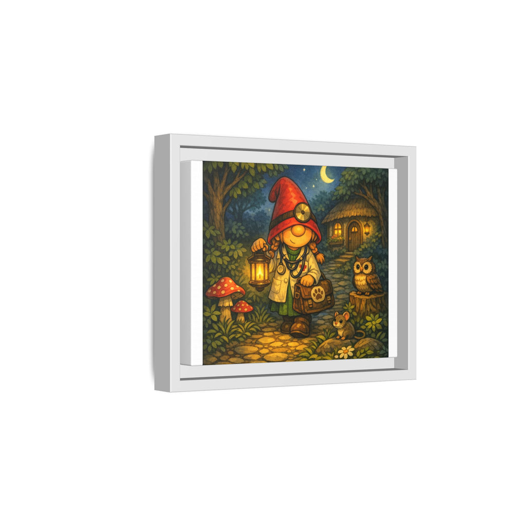 Framed Canvas Art - Whimsical Gnome Girl Vet Lantern Night Scene
