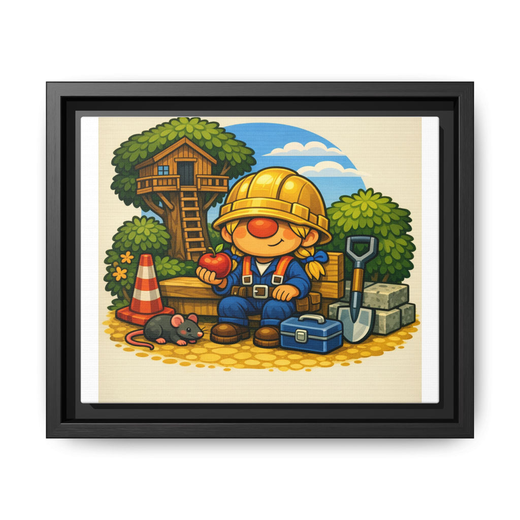 Gnome Girl Construction Worker Framed Art Print — Cute Builder Treehouse Matte Canvas