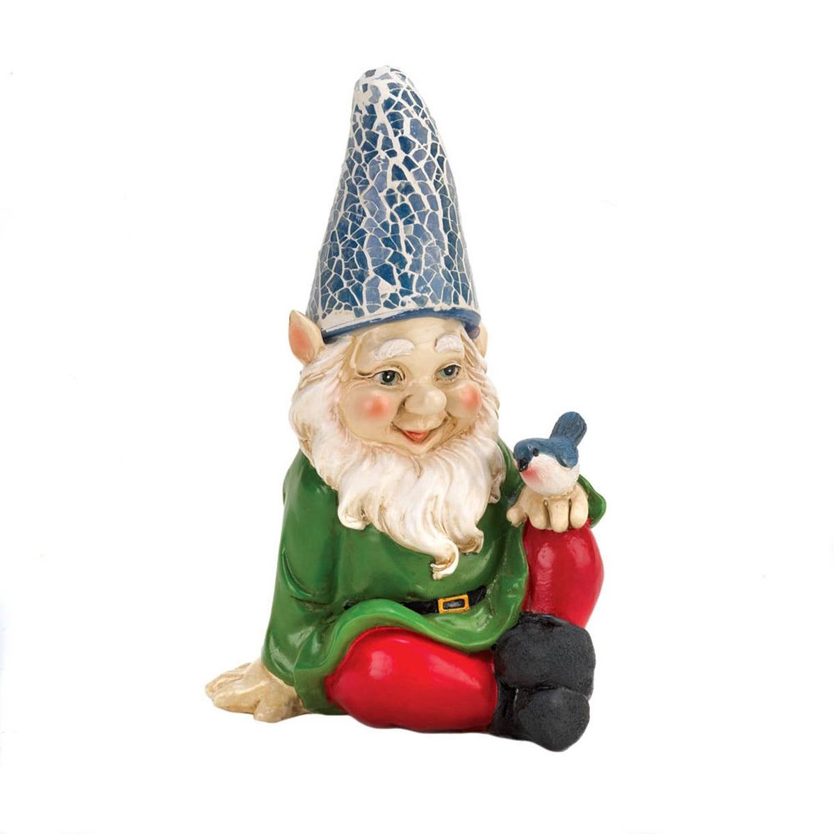 Seated smiling gnome in a green coat, red trousers and a blue mosaic-patterned hat, with a bird on its hand.
