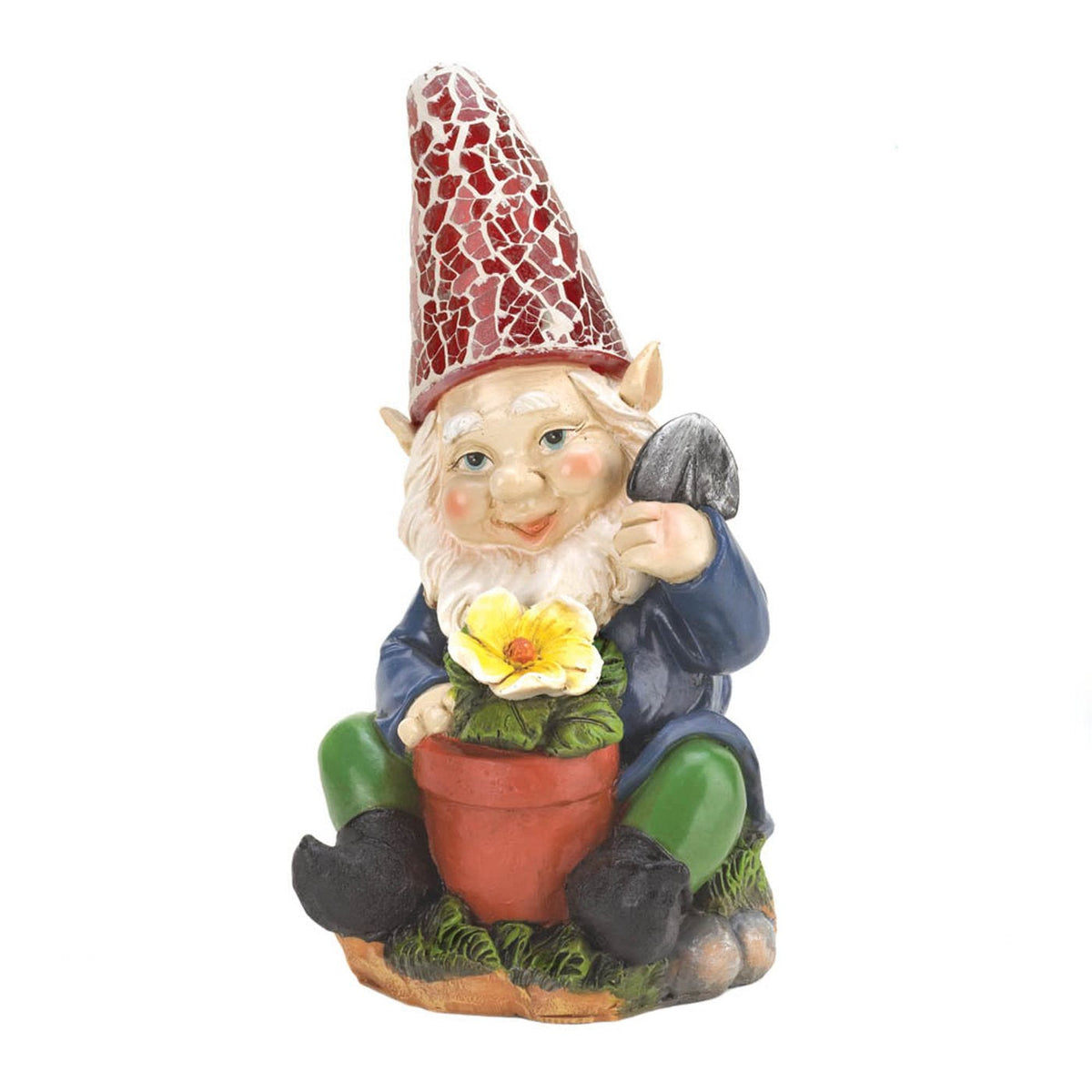 Seated gardening gnome in a blue coat and red mosaic hat holding a small shovel and a yellow flowerpot.